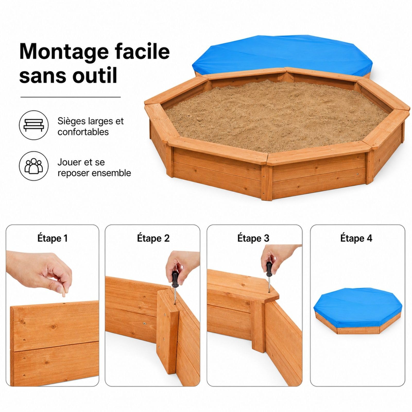 Achteckiger Sandkasten aus Holz mit Abdeckung und 4 Sitzplätzen für Garten und Außenbereich