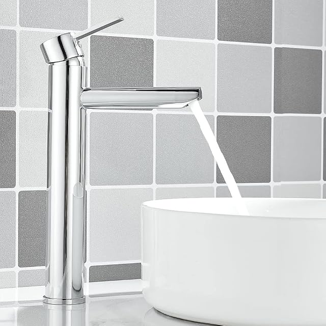 Maynosi Bathroom Monobloc Basin Mixer Tap, Modern High Rise Basin Taps, Single Lever Tall Counter Sink Faucets, Hot and Cold Tap for Countertop Basins, Stainless Steel, Lead Free (Chrome)