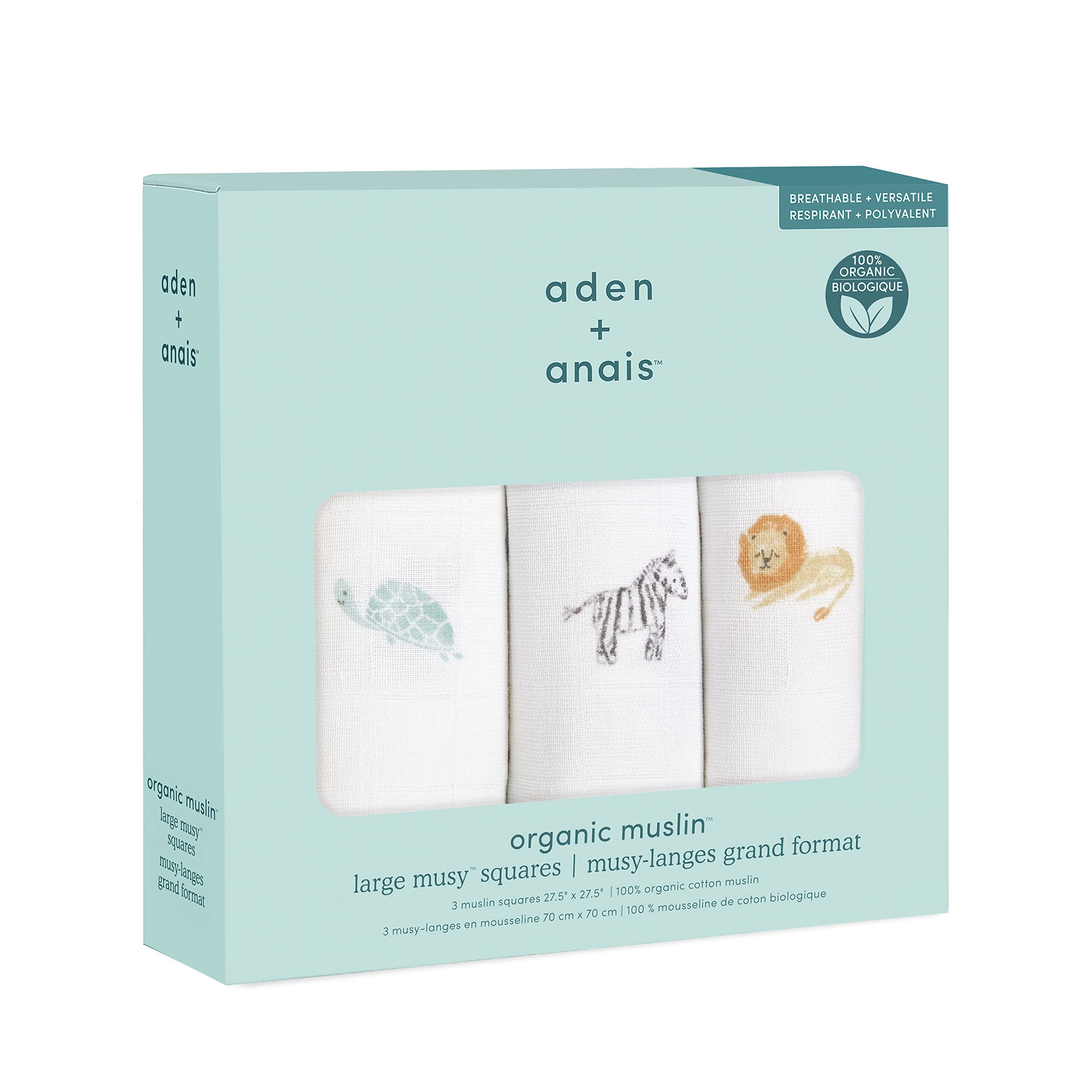 aden + anais Musy Squares - Animal Kingdom, Pack of 3 | Grand Tissu en Mousseline 100% Coton | Essentiels de bébé Unisexe Doux et léger | Cloths pour Les Filles et Les garçons Nouveau-nés
