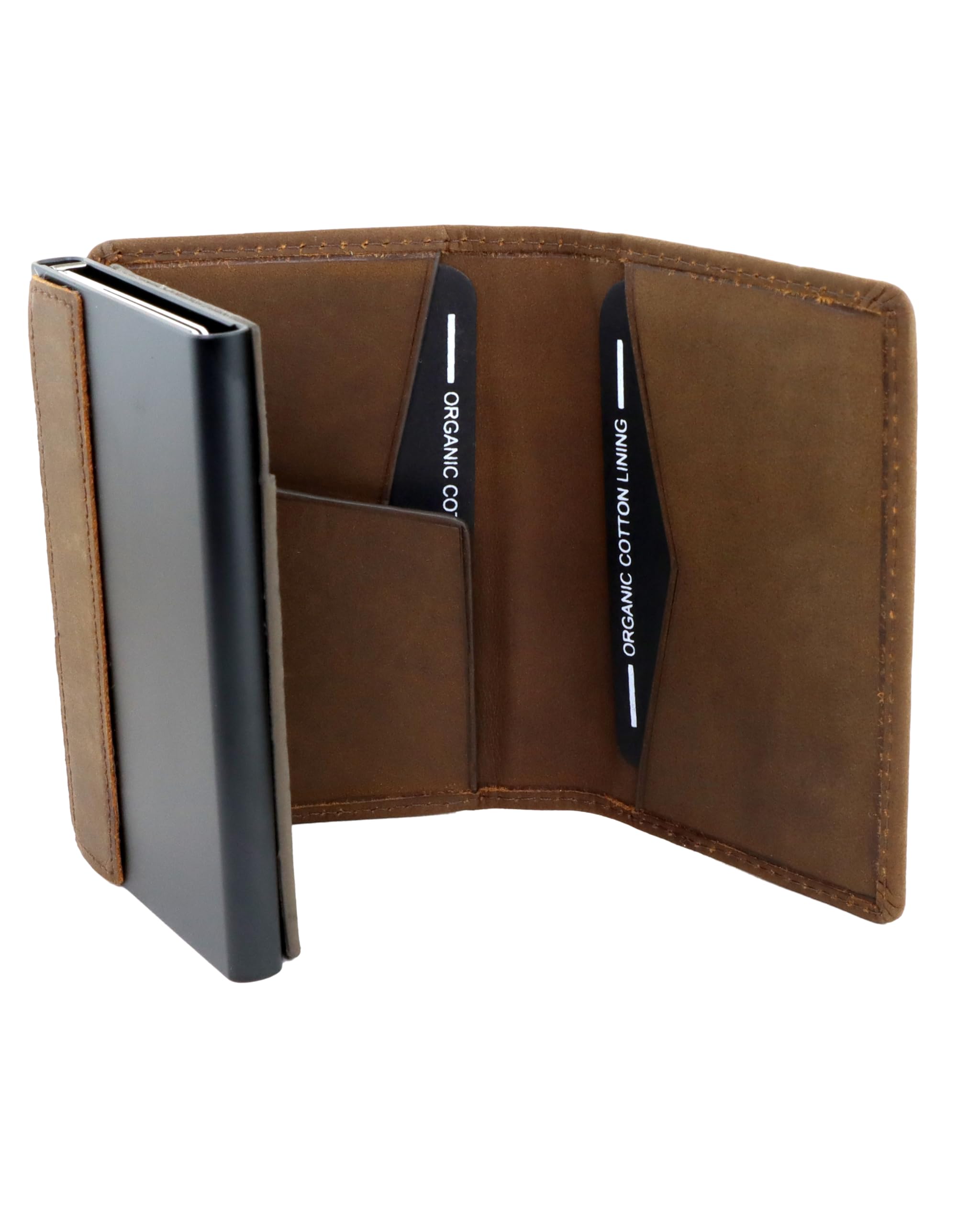 AKAROA – Kartenetui Slim Wallet Herren Rindsleder Pelle – Pop-up Card Holder Geldbeutel mit RFID Schutz und Kartenauswurf 7x10cm - Extra Kartenfächer, Scheinfach & Magnetverschluss – Vintage Braun