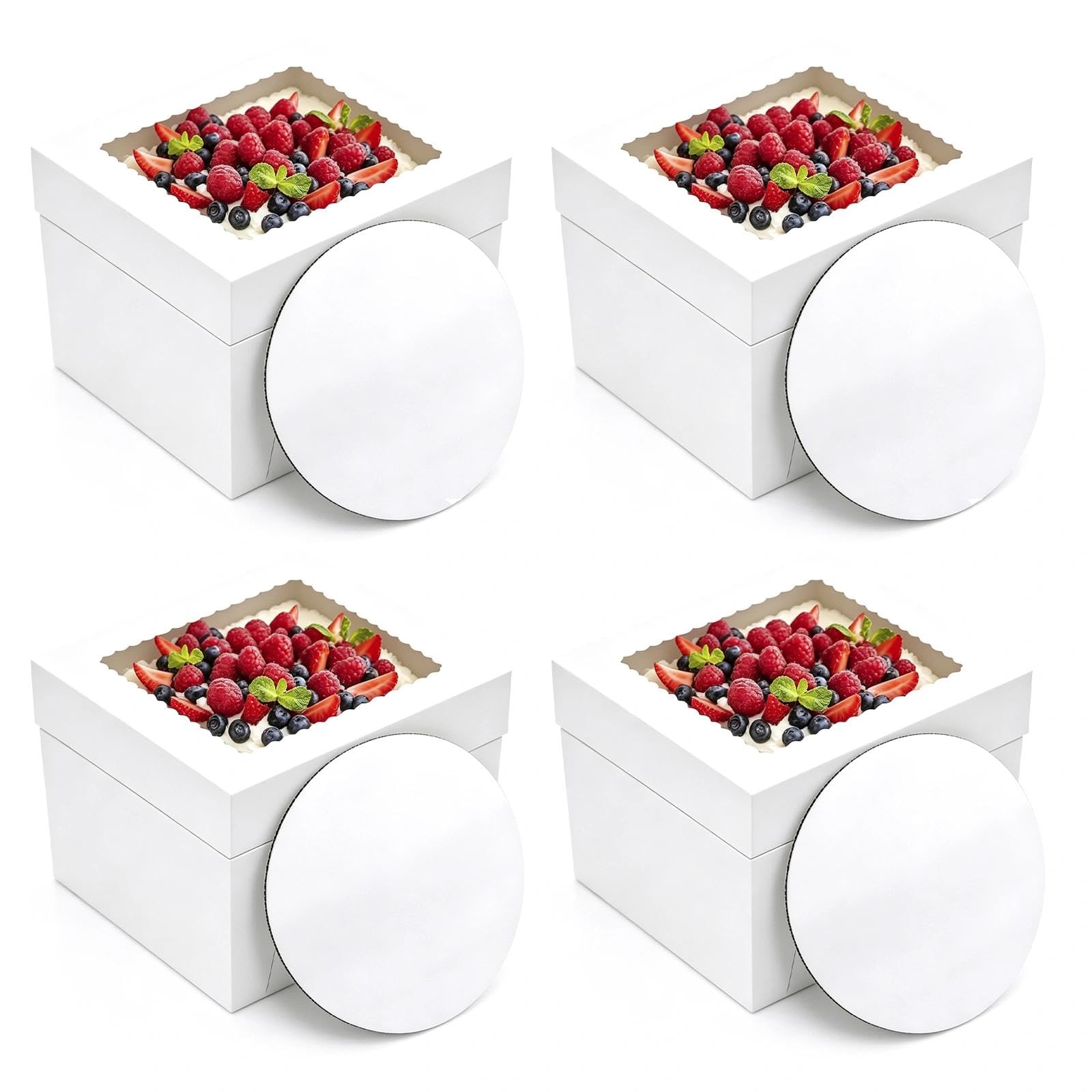 4 Pcs Cake Boxes with Window and Matching Cake Boards, Cakes Box, White Square Cardboard Bakery Boxes with Removable Lids, Sturdy Food Carriers for Cakes Desserts Wedding Birthday Party (8x8in)