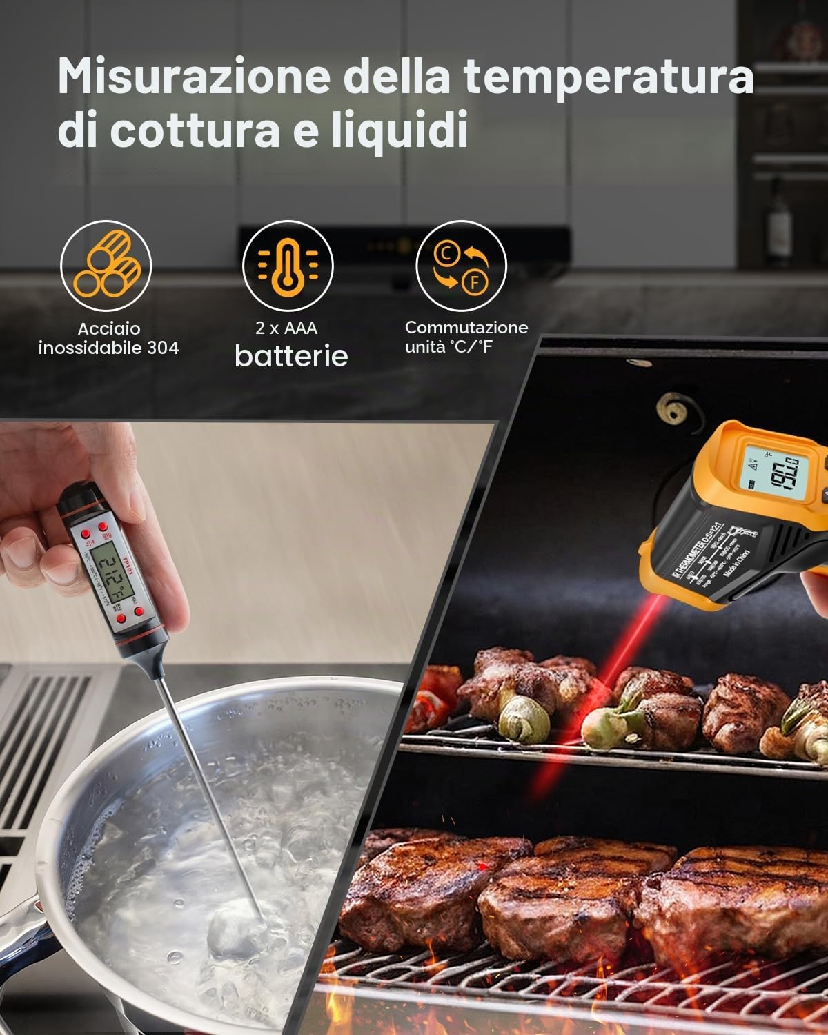 Eventek Termometro Infrarossi, -50 ° C ~ 600 ° C Termometro Laser Digitale Senza Contatto aiutante di cucina, Termometro per Cucina, Forno, Pizza, Freezer, Termometro per Carne Incluso (Non per Umani)