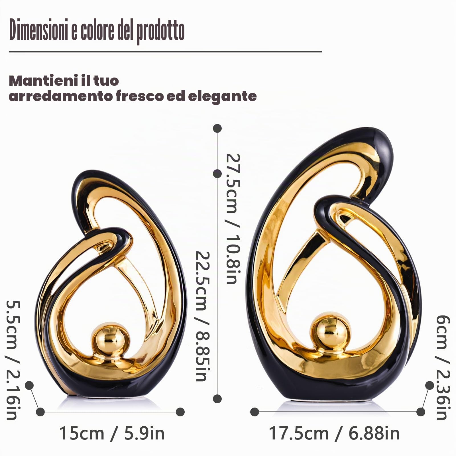 XMGZQ Nero e Oro Scultura Deco Set di 2,Ceramica Statua di Arte Astratta,Decorazione Soggiorno,Camera da Letto Deco,Appartamento Moderno Oggetti Decorativi Sculture