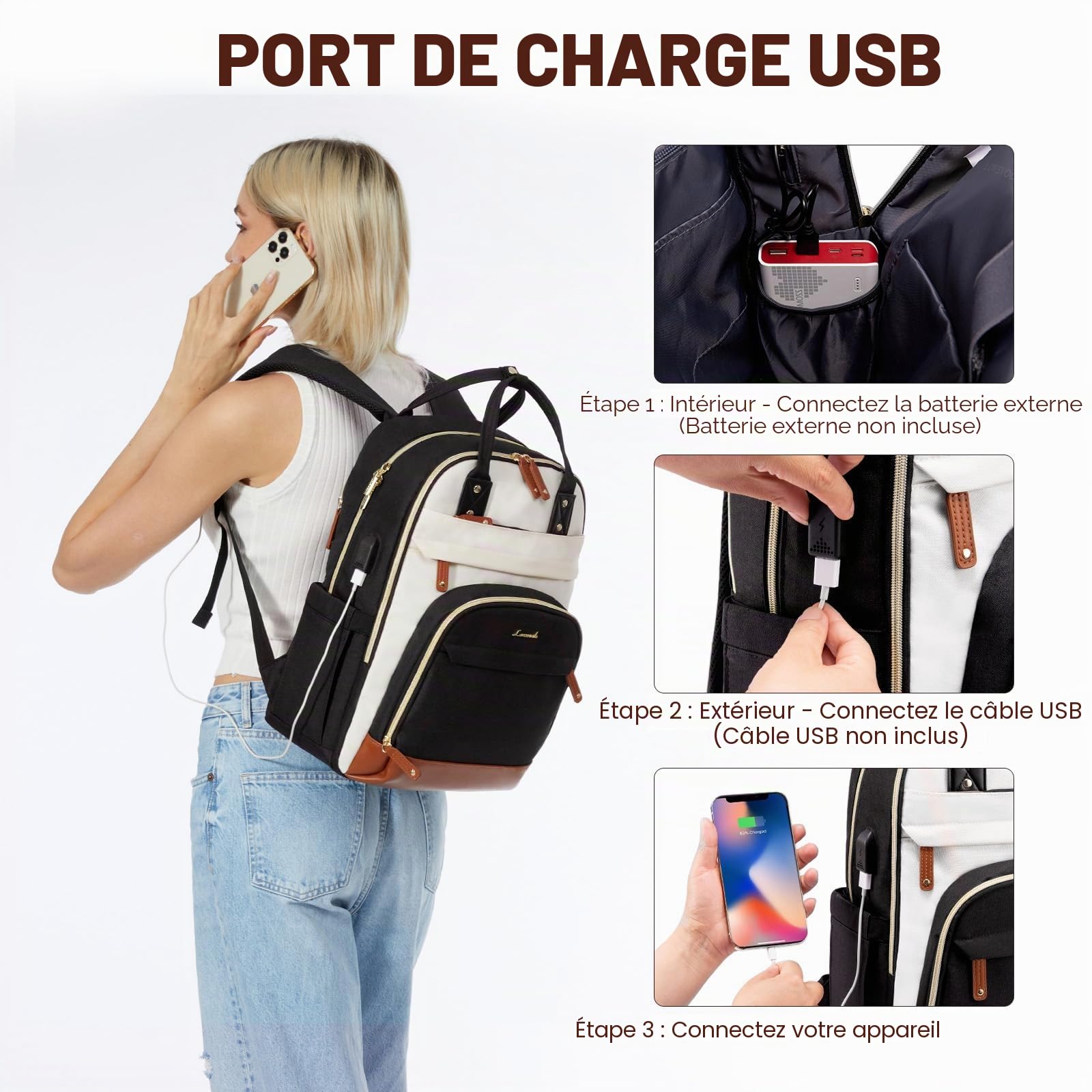 LOVEVOOK Sac à dos avec compartiment pour ordinateur portable - 39,62 cm - Étanche - Antivol - Pour femmes, filles, garçons, adolescents - Pour l'école, les voyages, le travail, beige noir