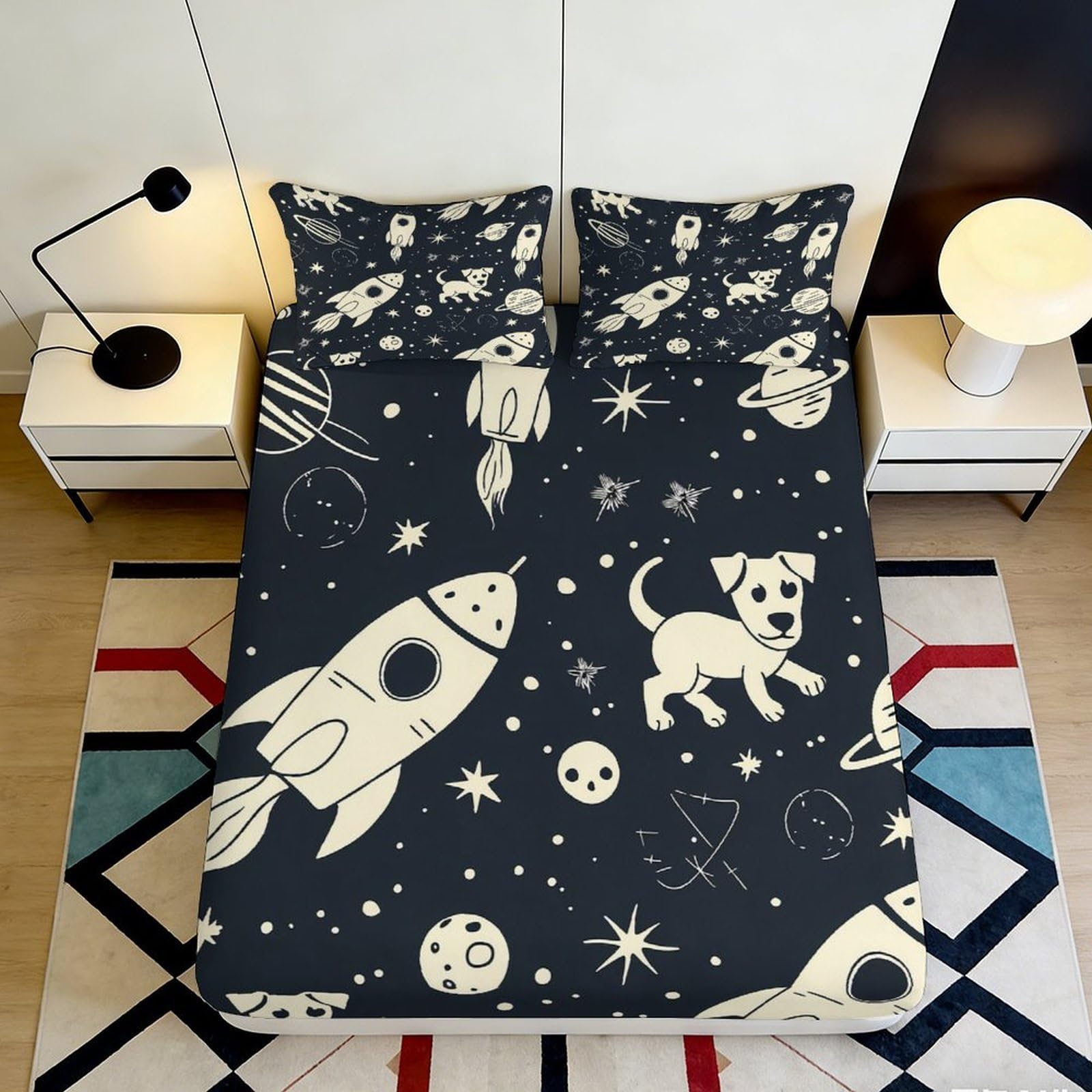 3D Printed Space Dog Rocket Fitted Sheet Microfiber Deep Pocket Bedroom Bedding Space Pattern Mattress Fitted Cover Non-Slip Elastic Hem 120x200x25cm