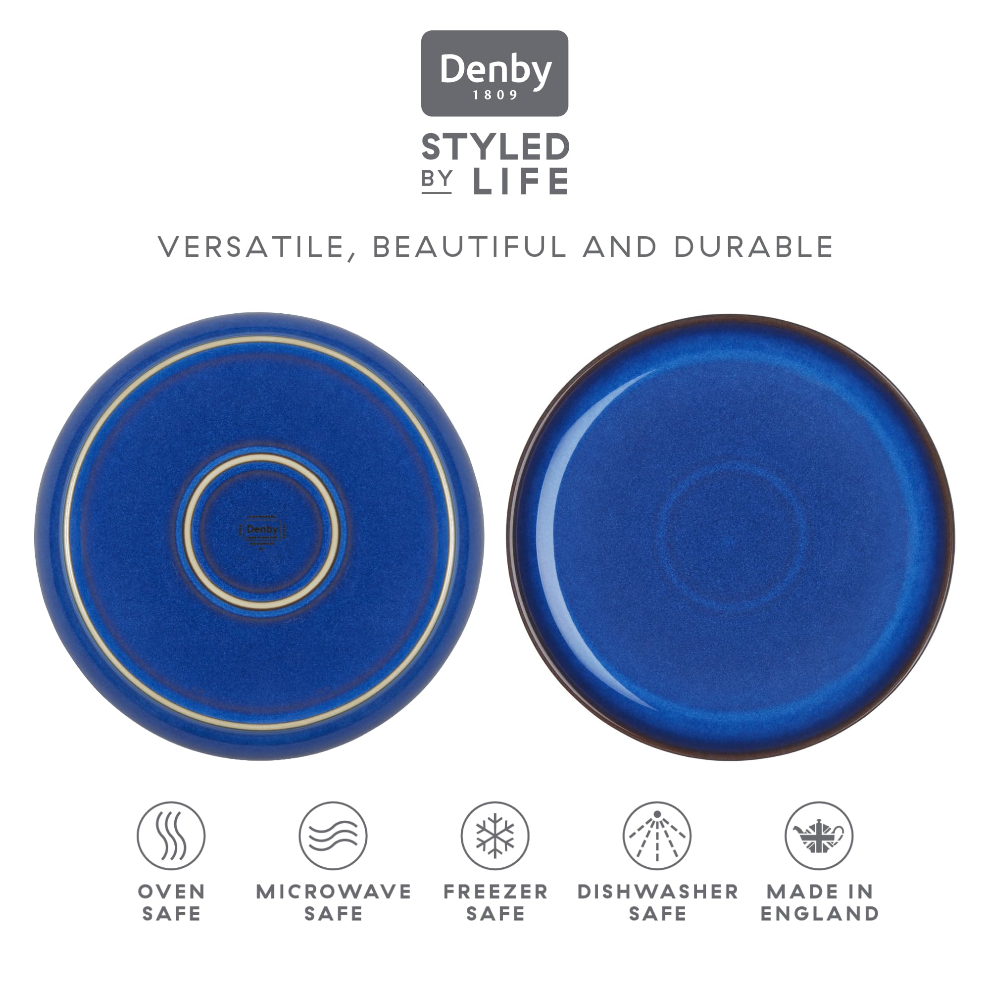 Denby - Imperial Blue Pasta Bowls Set Of 4 - Dishwasher Microwave Safe Crockery 1050ml 22cm - Blue Ceramic Stoneware Tableware - Chip & Crack