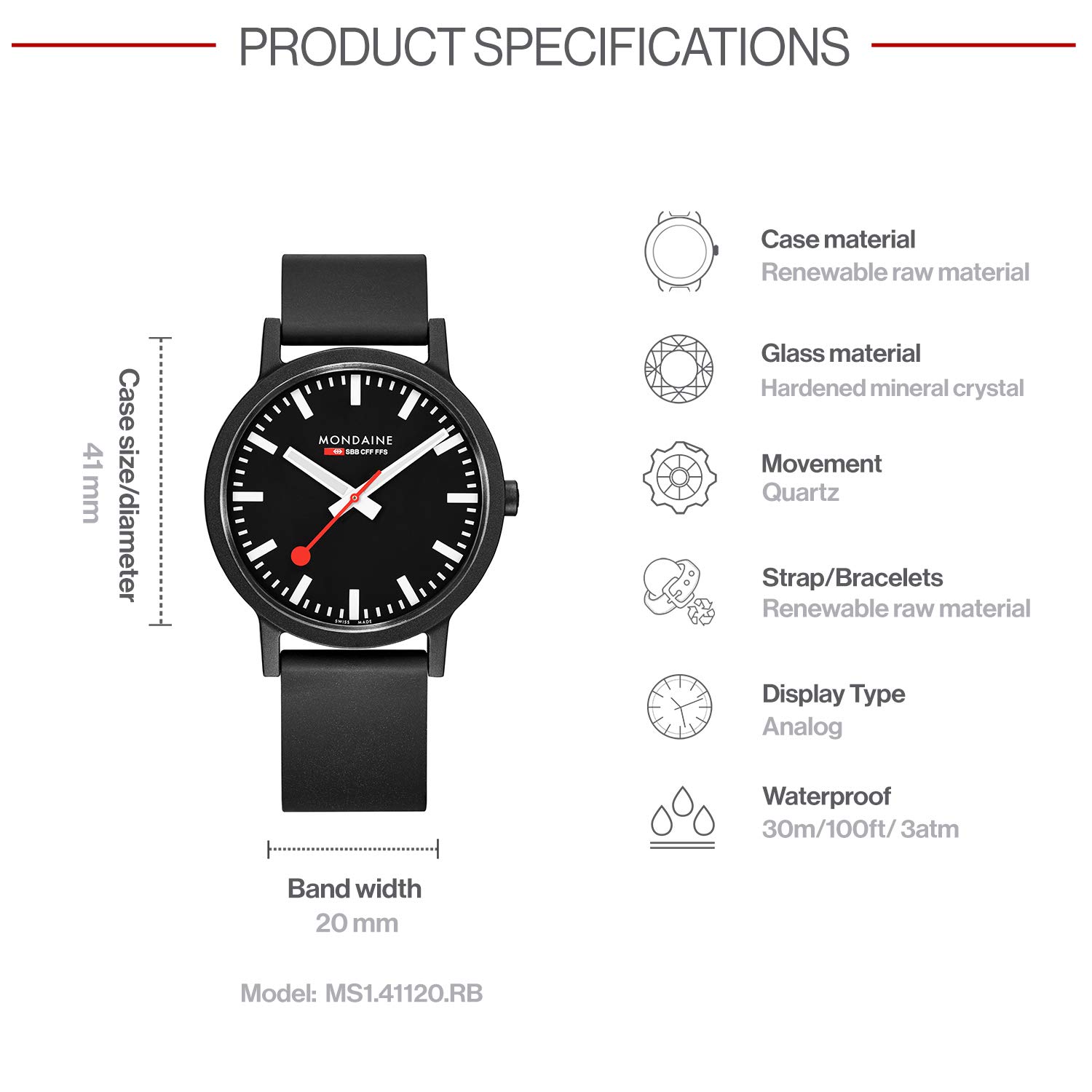 Mondaine Essence - męski zegarek 41 mm - oficjalny zegarek na rękę Swiss Railways czarny pasek z materiału odnawialnego - 30 m wodoodporny trwały - różne warianty - zegarki dla mężczyzn