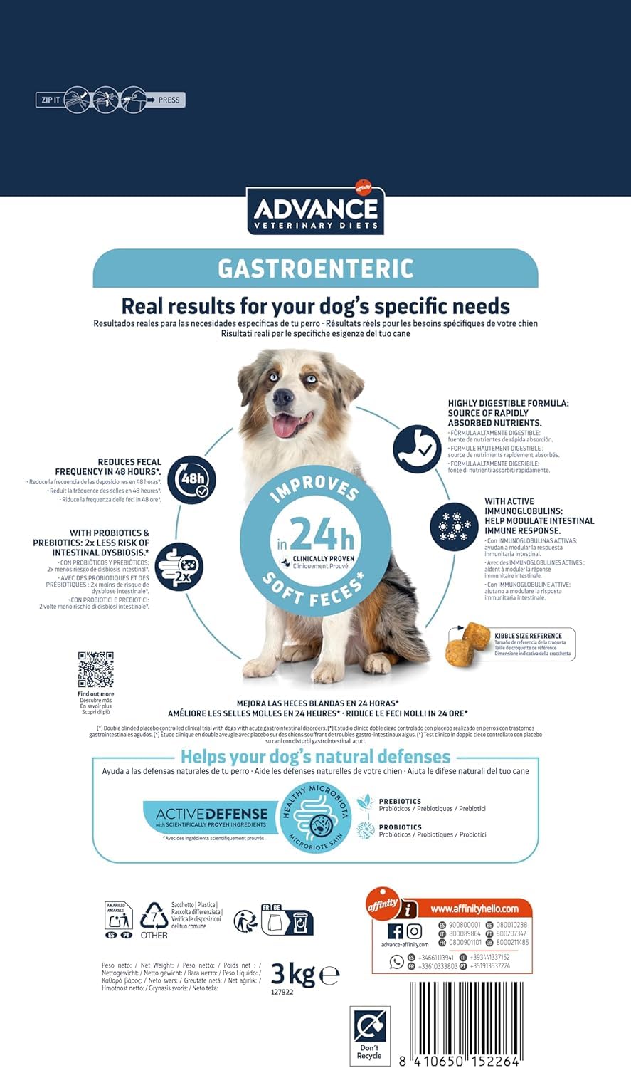 Advance Veterinary Diets Gastroenteric Crocchette Cane 3 kg, Alimento Gastrointestinale con Pollo e Riso, Alta Digeribilità, Riduce Feci Molli in 24h, Con Prebiotici, Per Adulti e Cuccioli
