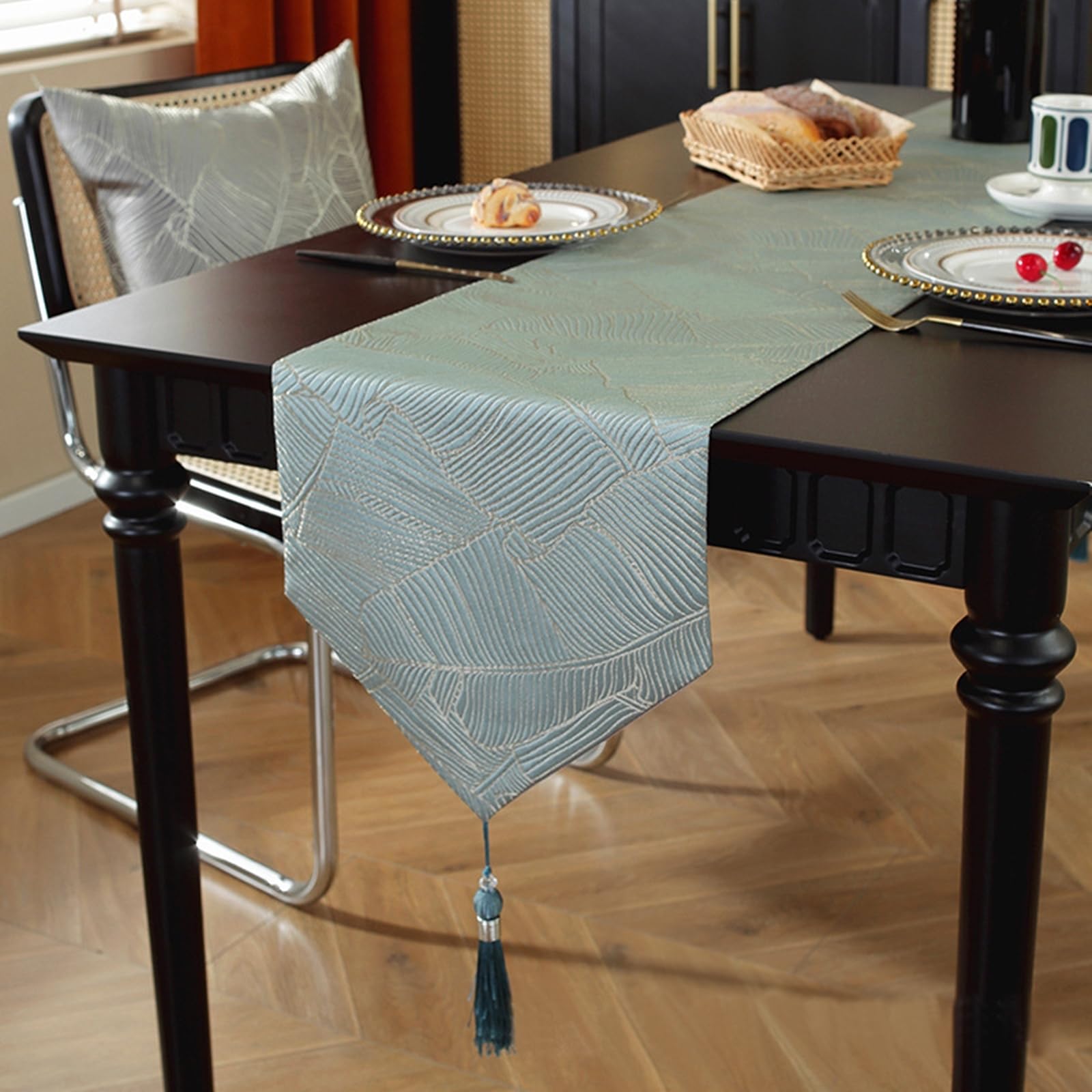 Tischläufer Landhausstil Polyester, Tischläufer Wohnzimmer 33x200 cm, Blättermuster mit Quasten