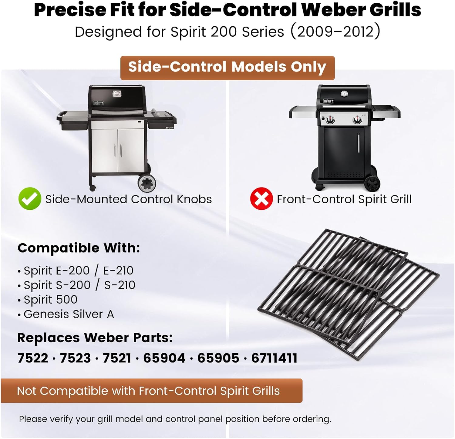 15" x 11-1/4" Cast Iron Cooking Grates - Replacement for Weber Spirit 200 Side-Control (E/S-210 2009–2012), Spirit 500, Genesis Silver A | Fits Weber 7522/7523/7521/65904/65905