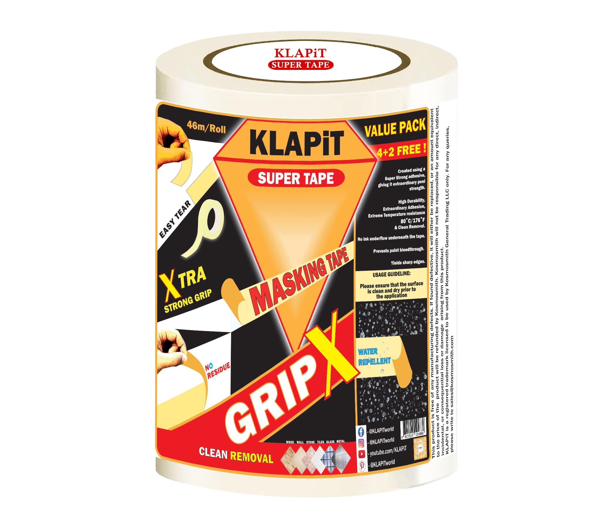 KLAPiTGRIPX Masking Tape 24mm X 46m General Purpose Painters' Tape Bulk For Painting, Labeling, Marking, Gardening, Packaging, Artworks, Schools, Office, Automobile Garage, Factory, Industrial Uses
