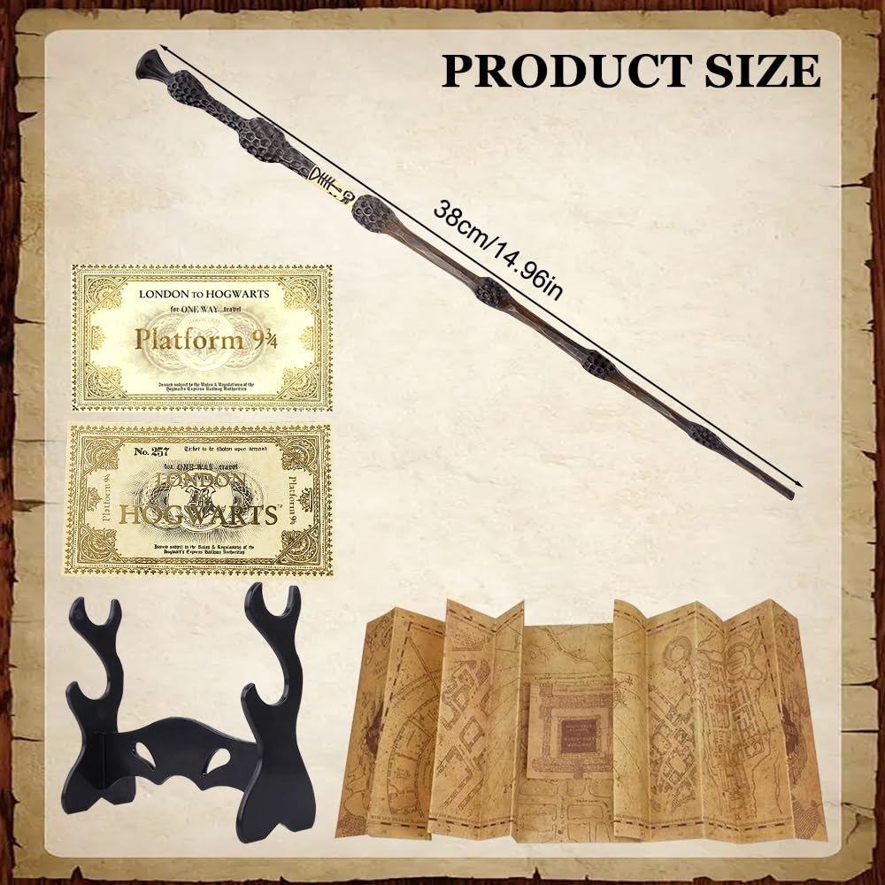 Baguette Dumbledore, 37CM Baguette de Sureau avec Noyau Acier, Dumbledore Baguettes Boîte Cadeau avec Carte, Billet et Support de Bbaguettes Noire