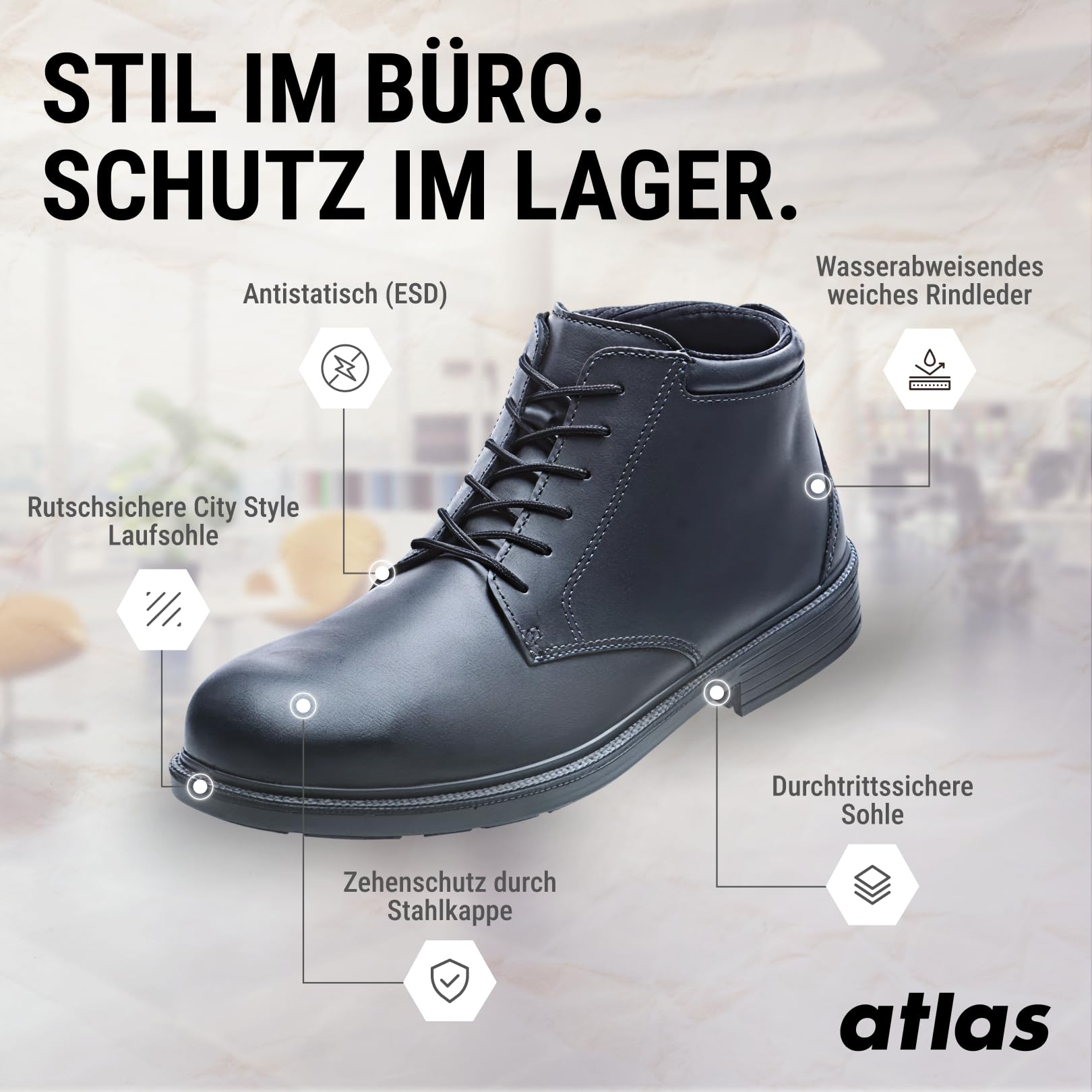 Atlas CX 545 S3 ESD Sicherheitsschuhe knöchelhoch, Business-Look mit Stahlkappe, durchtrittsicher, wasserabweisend, Weite 10, Größe 43
