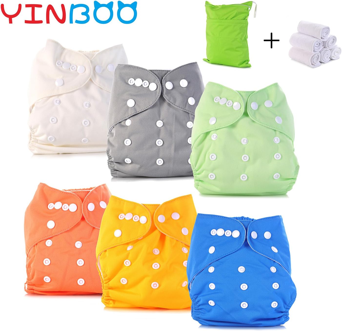 Cloth Diapers,YINBOO New Baby diaper 6 pack 6 Inserts 1 diaper bag,Washable vailable diapers Cover,Cartoon,Animal,Adjustable Nappy,Reusable,Gift set,0-2years,7-35 lb,One size,Neutral color