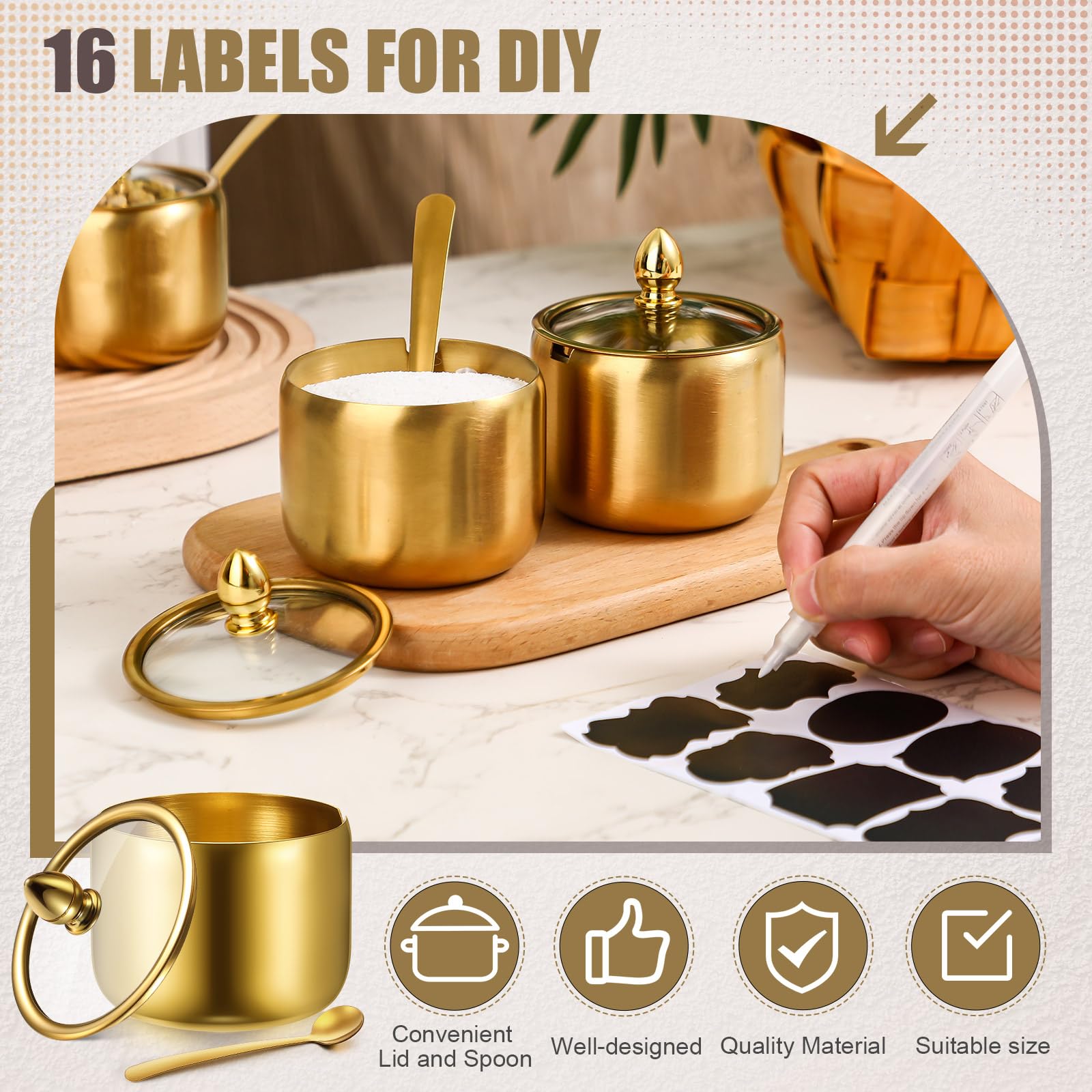 Baderke 4 azucareros de acero inoxidable de 10.8 onzas, dispensador de condimentos con tapa y cuchara con etiqueta para especias, café, té, pimienta y hierbas