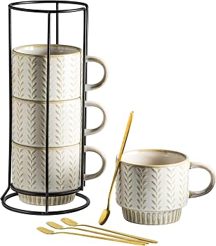 Miamolo 18oz Ceramic Coffee Jar with Lid and 13oz Coffee Mugs Set of 4 with Spoons & Stand