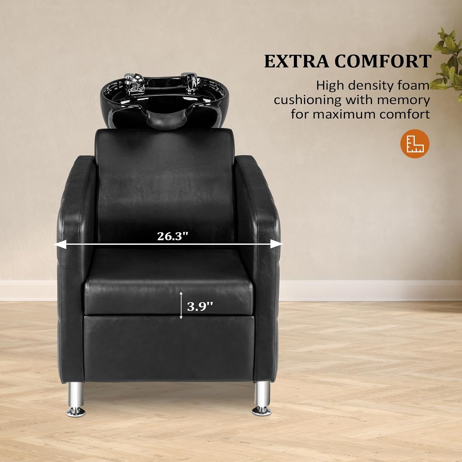OmySalon Salon Shampoo Bowl and Chair, Shampoo Chair Extra Wide Seat & Porcelain Hair Washing Sink, Shampoo Unit for Beauty Spa Barbershop, Black