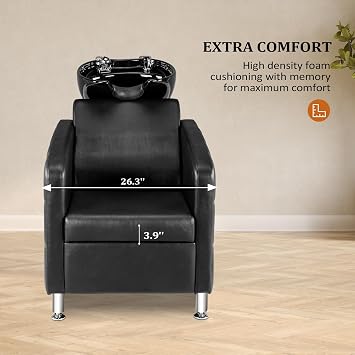 OmySalon Salon Shampoo Bowl and Chair, Shampoo Chair Extra Wide Seat & Porcelain Hair Washing Sink, Shampoo Unit for Beauty Spa Barbershop, Black
