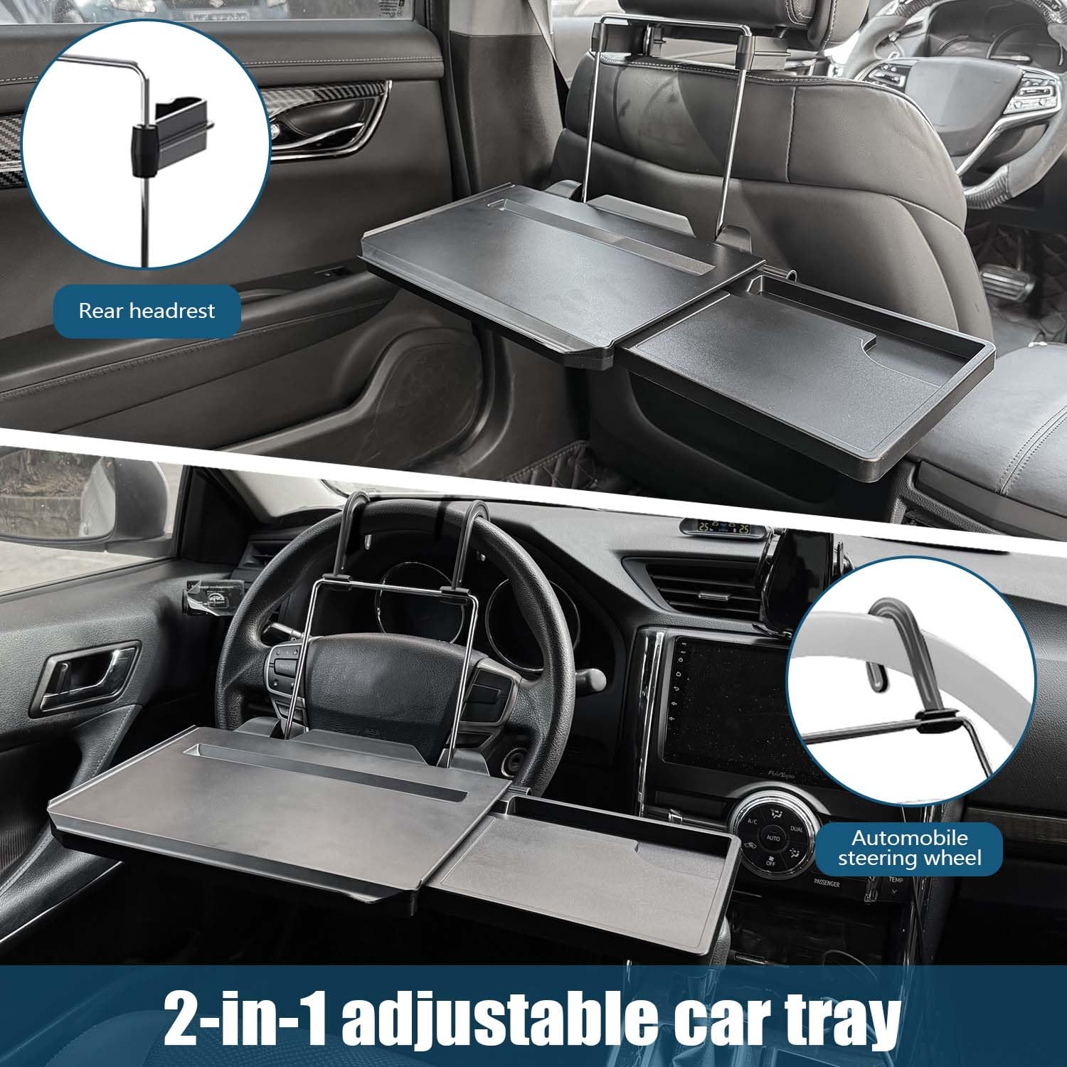 VRSCPUMG Black 2-in-1 Car Steering Wheel Tray & Backseat Tray with Adjustable Multipurpose Desk Car Accessories for Eating, Writing, Laptop Work with Cup Holder - Ideal for Constant Travelers