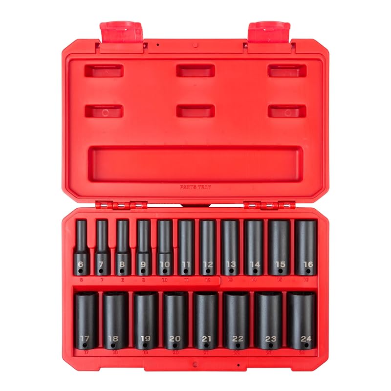 Jogo de Soquetes de Impacto Profundos TEKTON com Acionamento de 9,5 mm (3/8 pol.), 6 Pontas, 6 a 24 mm, SID91303, 19 peças