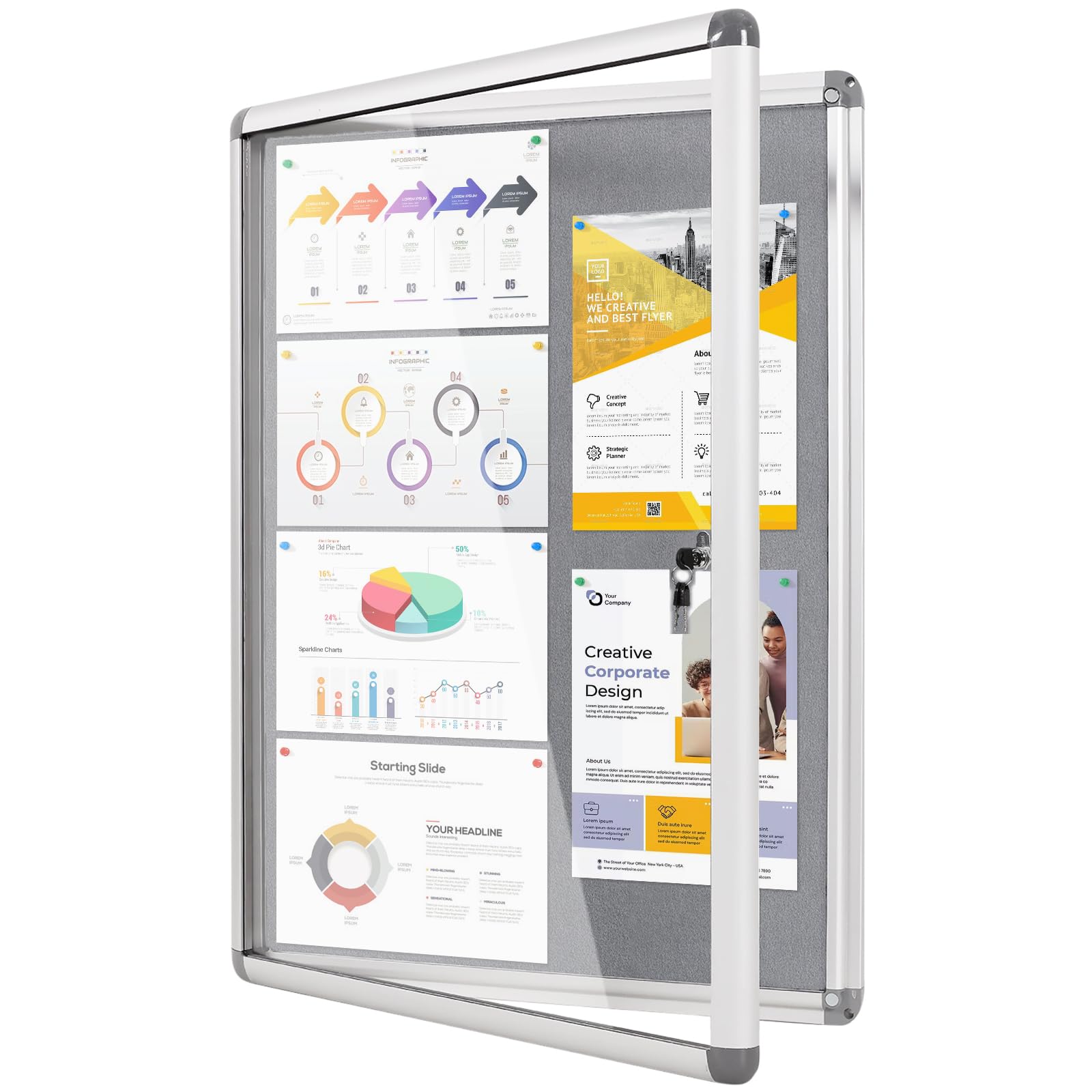 MAKELLO Lockable Notice Board 900x600mm, Temperproof Lockable Display Board for Office School Home Store Community Centre, Grey Felt, Aluminum Frame, 6xA4