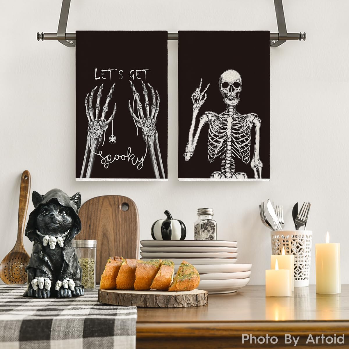 Artoid Mode Skeleton Spooky Halloween Kitchen Towels Set of 2 18x26 Inch