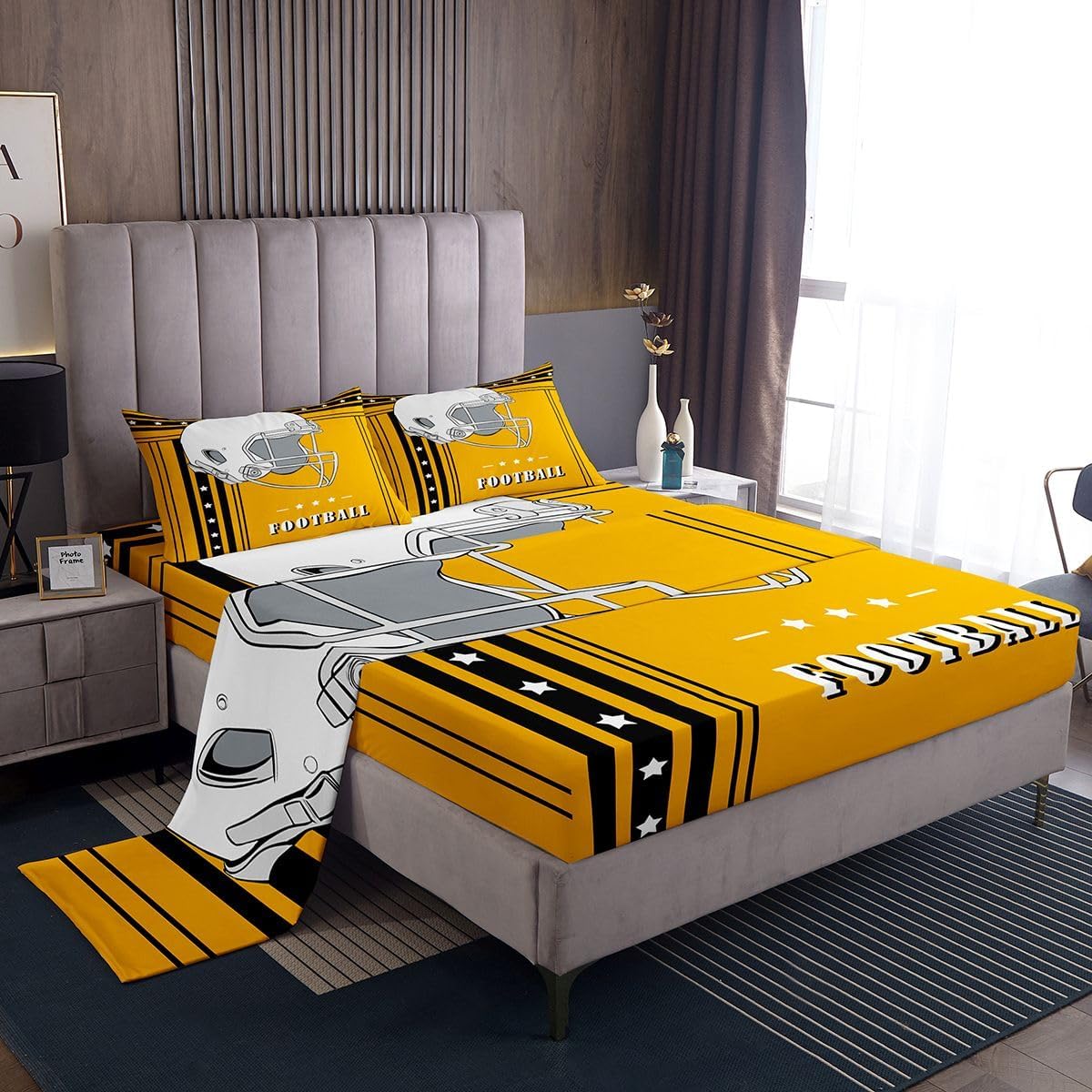 Erosebridal Gridiron Theme Bed Sheets Set - Boys Yellow Black Stripes Stars Sheets Twin, City Sheet Set for Youth Teens Football Gifts for Sports Lovers