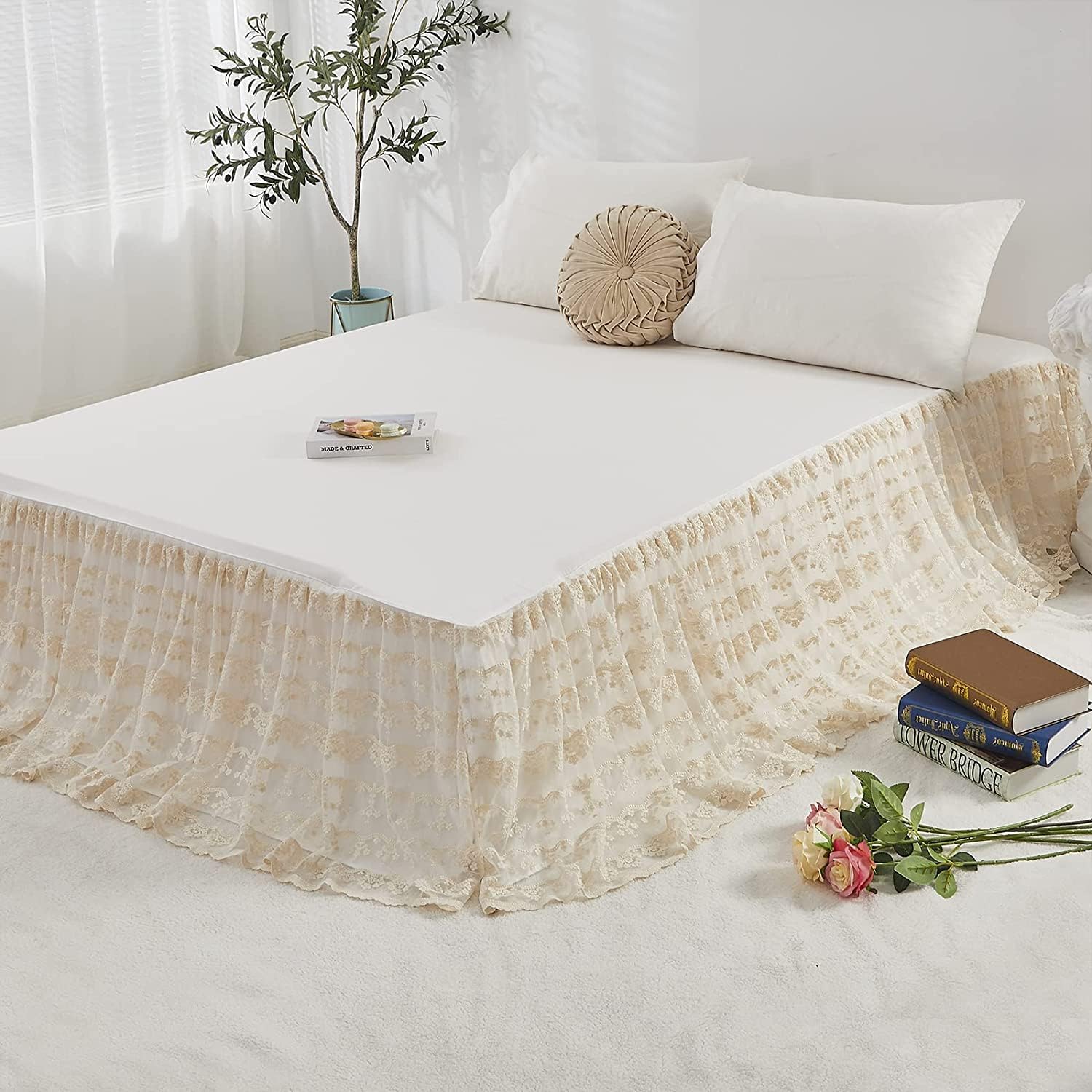 Brandream Lace Bed Skirt Full Size Cream White 15 Inch Drop