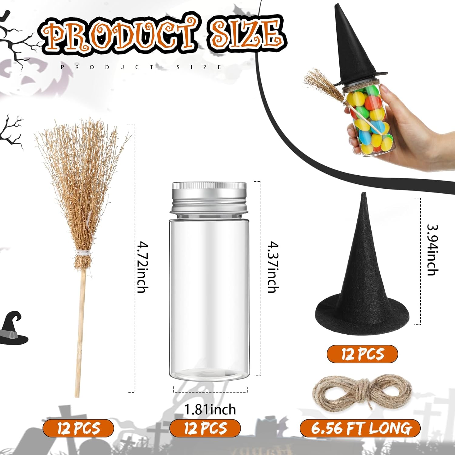 Soulchen 12 Pcs Halloween Witch Candy Tubes Set Trick or Treat DIY Mini Candy Jars with Mini Witch Hat Brooms Halloween Test Tubes with Lids for Party Favors(4.05 oz) Small Witch