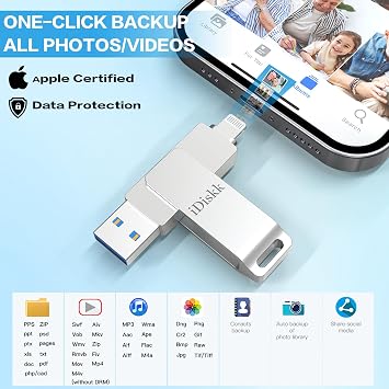 iDiskk 128GB iPhone/iPad Flash Drive - MFi Certified Lightning Port, USB 3.0, 1.5MB/s Read, 80MB/s Write, One-Click Backup, Silver | Appl-e Approved lightning USB Memory Stick to Auto backup Videos/Photos/Files for iPhone/PC,App Encryption iPhone Storage