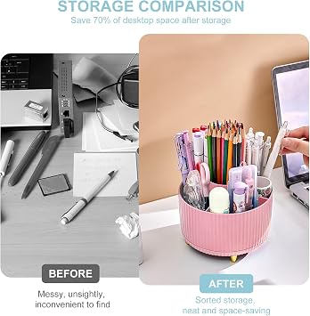Cayxenful Desk Organiser, 5 Slots 360°Degree Rotating Pen Holder for Desk,Desktop Storage Tidy Organisers, Cute Pen Cup Pot For Office, School, Home (Pink)