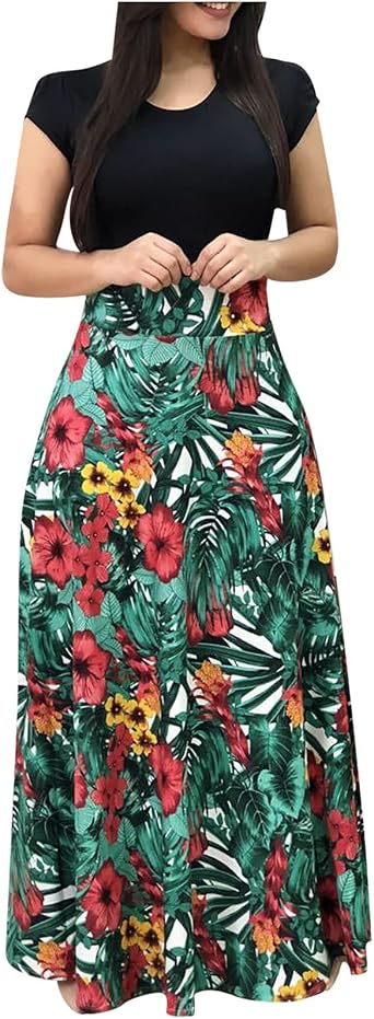 BORAMAX Women Maxi Dress Waisted Casual Floral Print High Waist Bohemian Party Evening Dress Cocktail Party Swing Maxi Dress