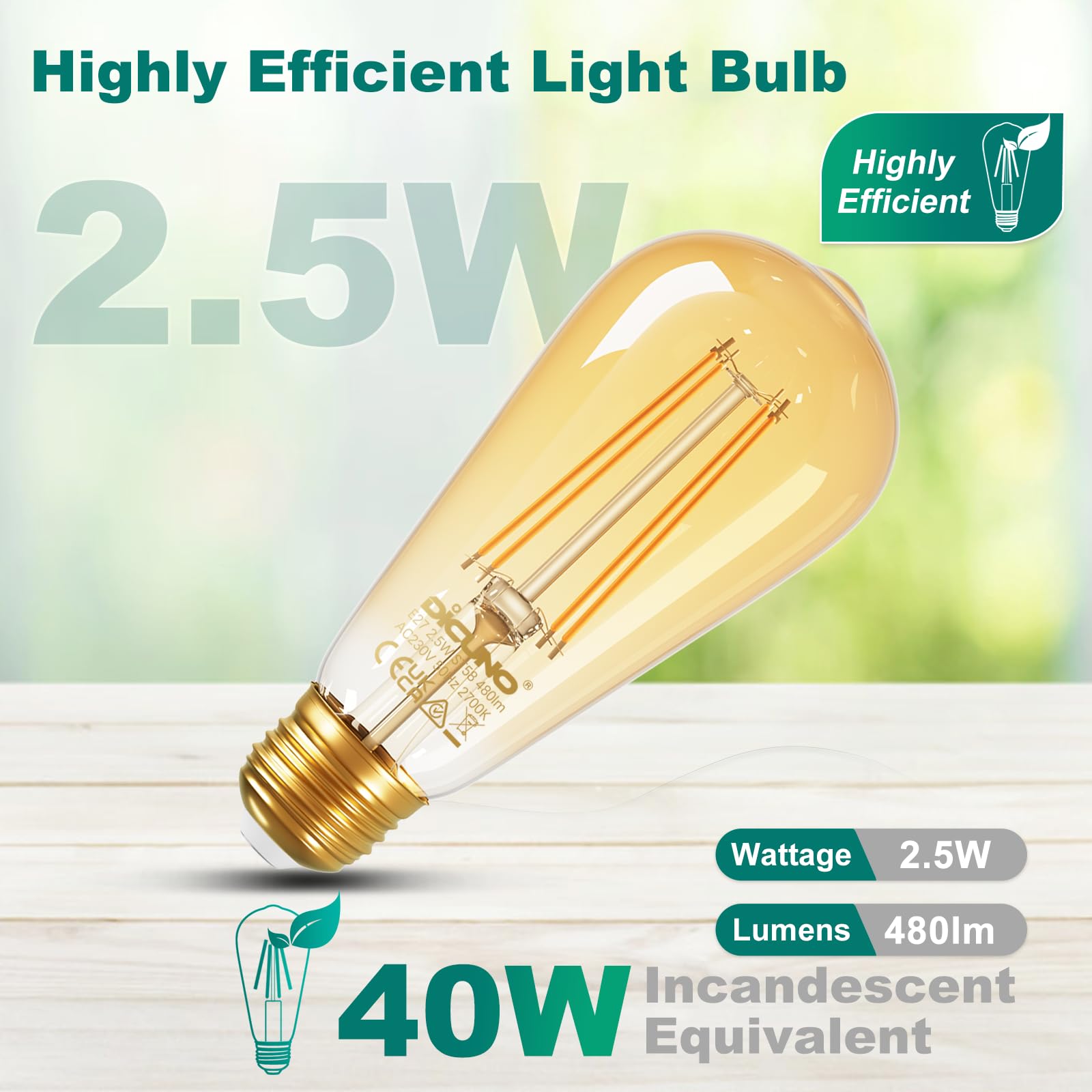 DiCUNO Vintage Light Bulb E27 Edison Screw Bulb ST58, 2.5W Equivalent to 40W, Energy Efficiency Class B Filament Glass LED - Image 4