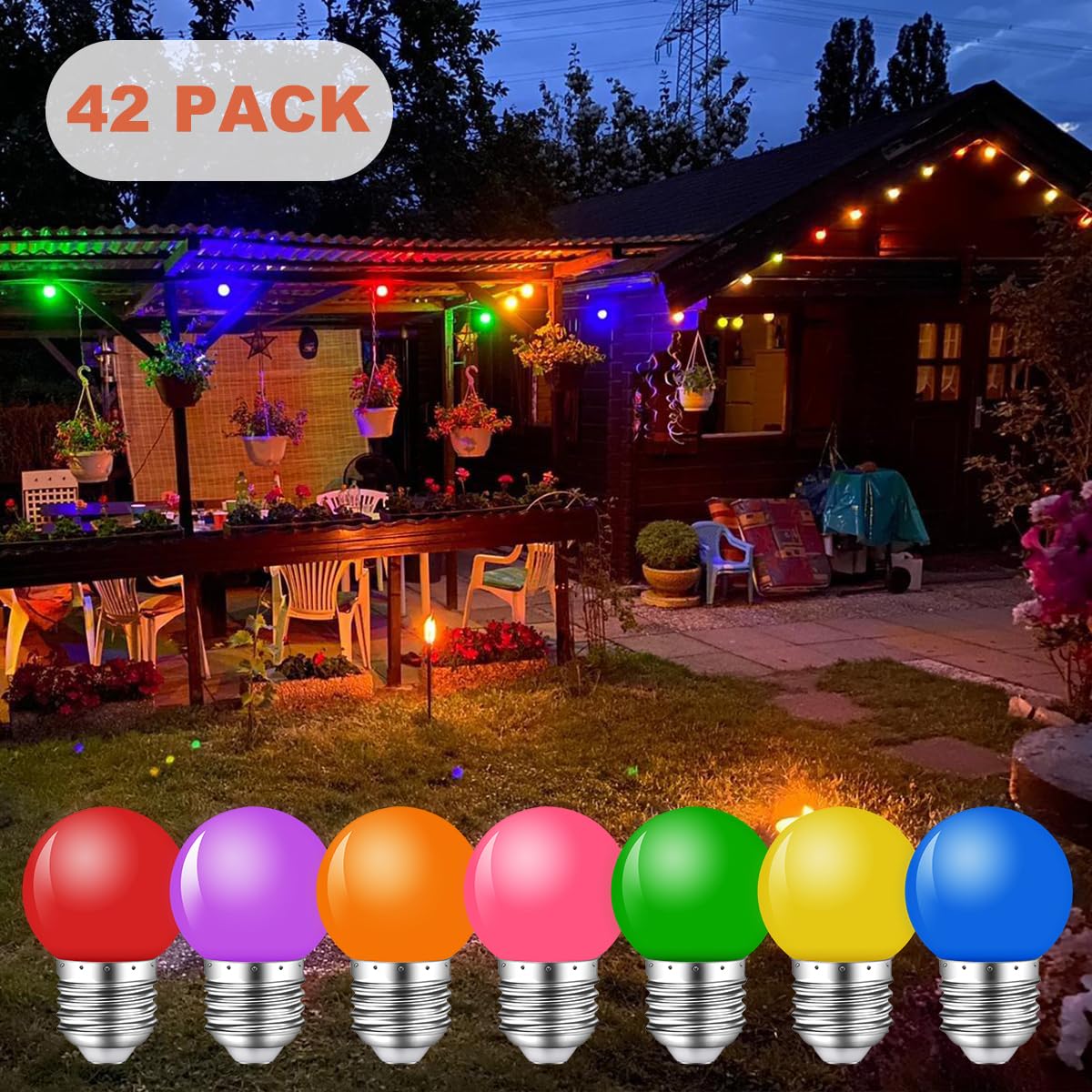 Lot de 42 Ampoules Couleur E27 LED 2W,Ampoule Couleur E27 Extérieur,G45 pour Guirlande Lumineuse Décoration de Noël de fête,Rouge Vert Bleu Orange Jaune Rose Violet,Plastique