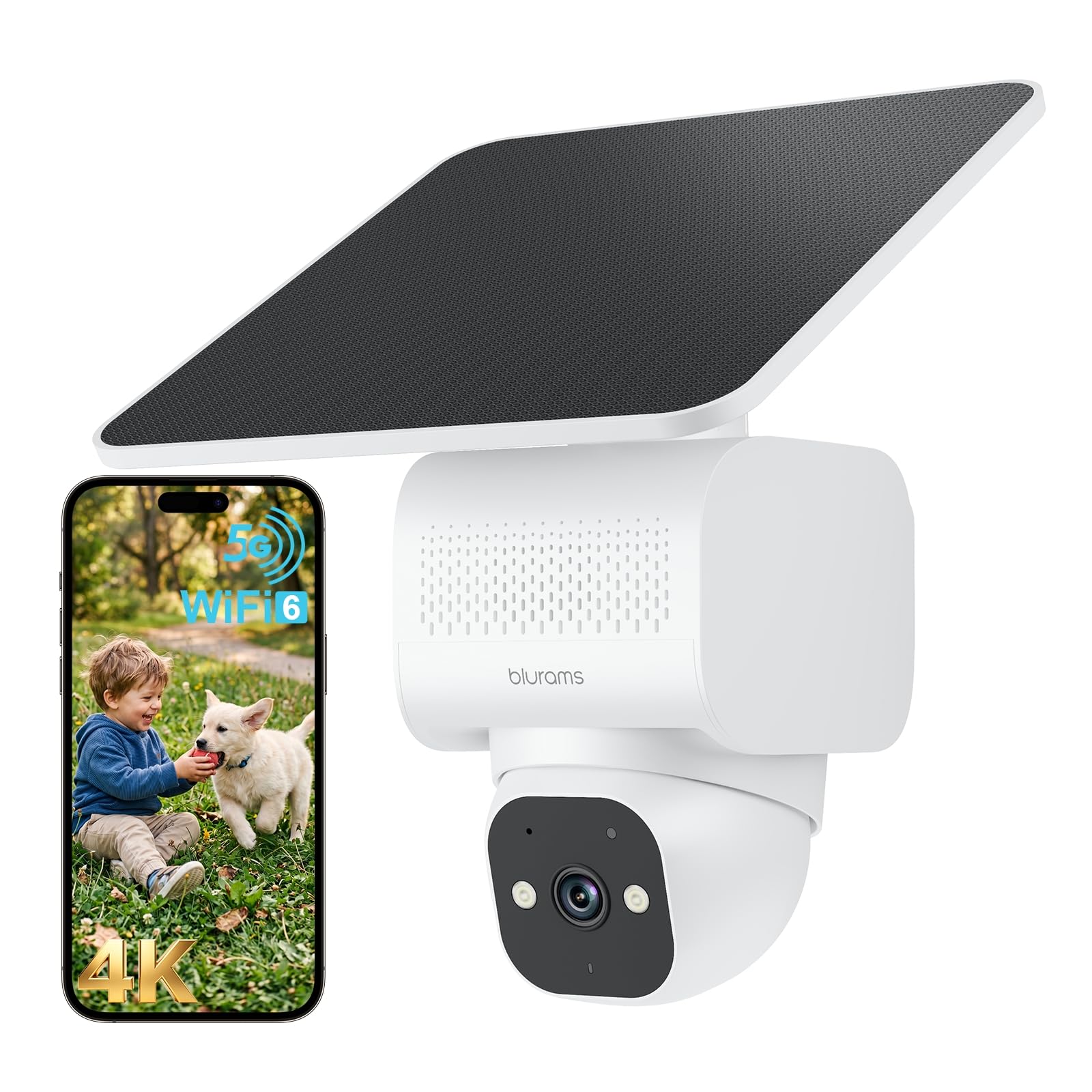 blurams 4K Telecamera WiFi Esterno Senza Fili Solare h24 | 8MP, Batteria 12000mAh con pannello 5W, Registrazione 24/7, Wi-Fi 6 Dual-band 2,4 GHz & 5 GHz, 360 gradi, IP66 Impermeabile