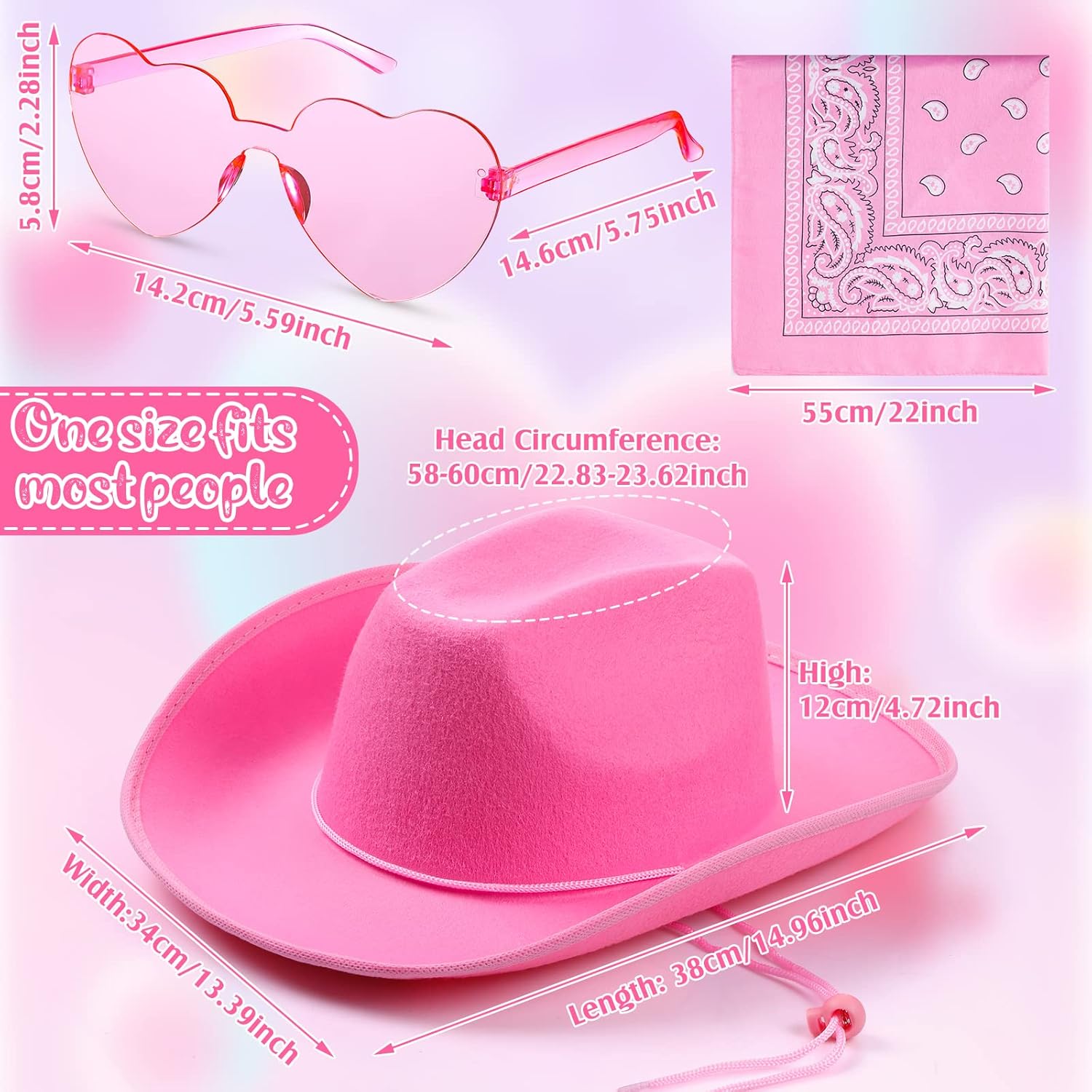 Coume 18 Pcs Cowboy Hat with Heart Sunglasses and Paisley Bandanas Western Cowgirl Hat for Cosplay Costume Adults(Pink, White,Simple Style) - Image 2