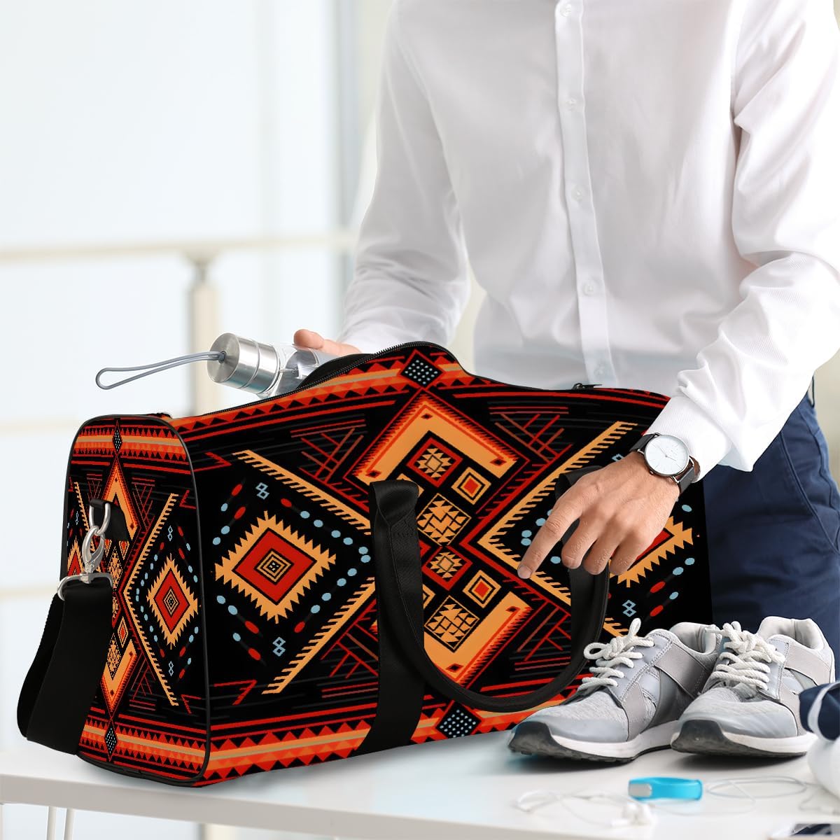 Square Bedouin Sadu Pattern Travel Duffel Bag for Women Men Small Sport Gym Bag Waterproof Weekender Overnight Lightweight Carry on Foldable Gym Bag for Training Swim Yoga Traveling Handbag