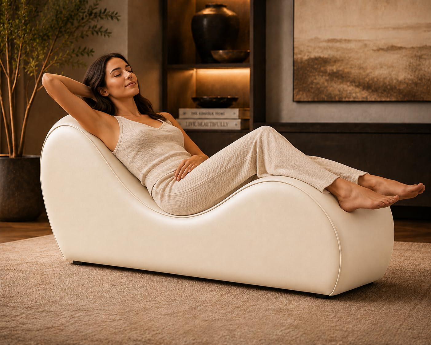 Modern Curved Chaise Lounge Chair for Living Room Bedroom | Upholstered S Shape Indoor Recliner Lounger with Plush Cushion | Luxury Fainting Couch for Home Hotel | Off White-image-25
