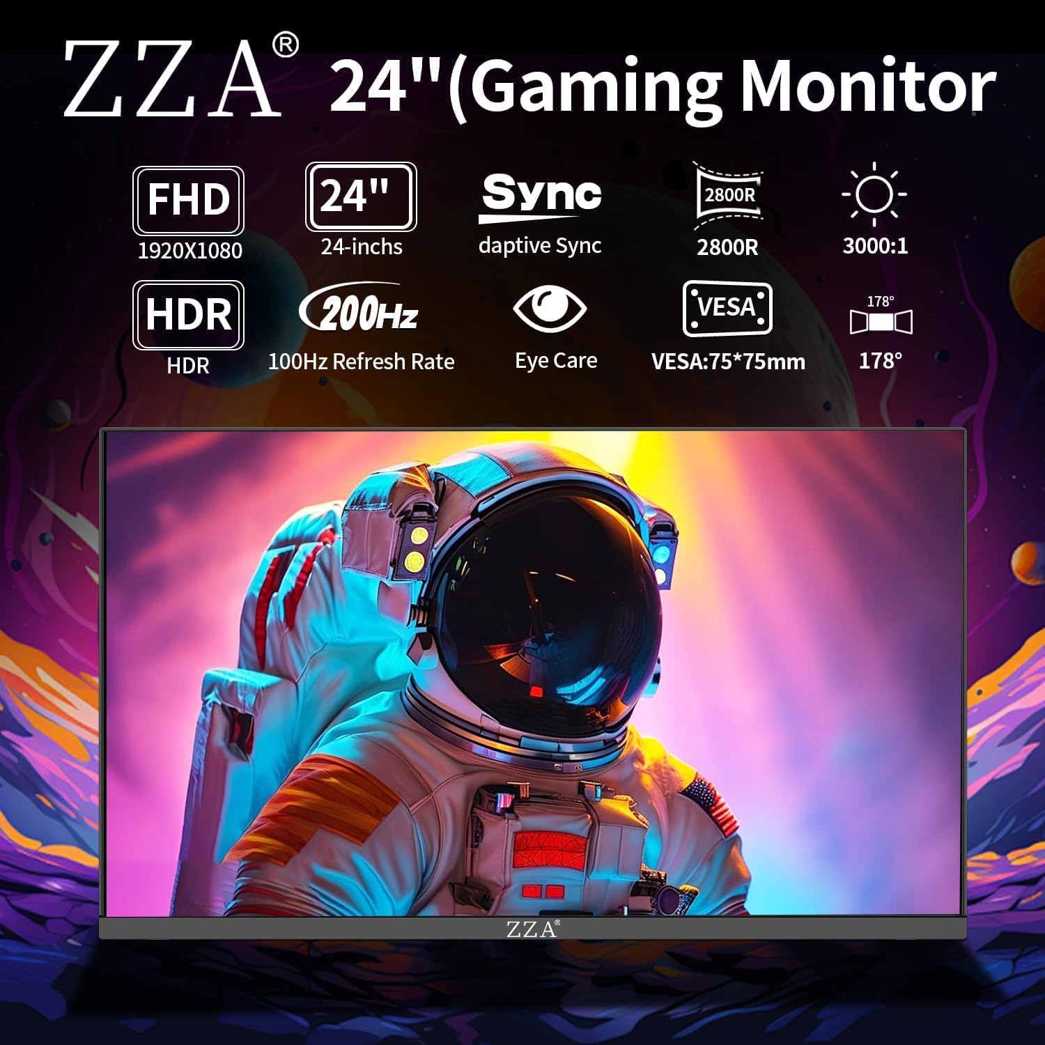ZZA 24 Inch FHD 1080P 200Hz|144Hz Curved Gaming Monitor, 1ms MPRT, VA Panel, 2800R Curvature, AMD FreeSync, Ultra-Thin Bezel, for Esports, PS5, Xbox Series X/S, PC, VESA Mount