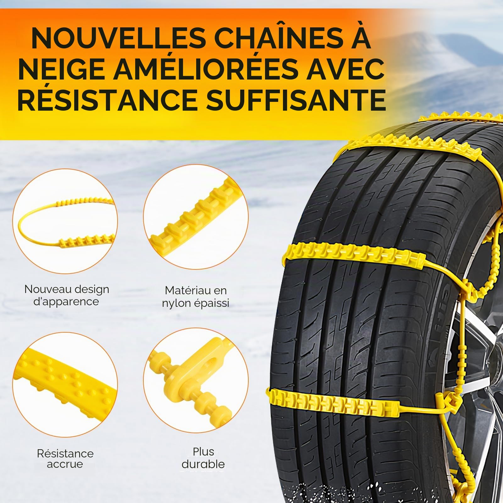 Ninonly Lot de 10 chaînes à neige universelles SUV pour diverses conditions de route difficiles telles que la neige, la boue, l'escalade et la glace pour pneus de voiture Largeur 165-275 mm