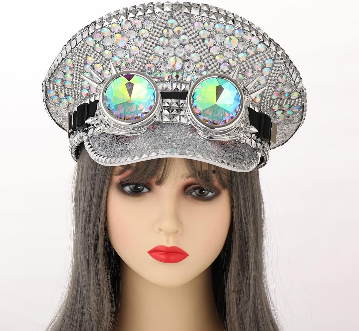COSDREAMER Women's Burning Man Sequin Hat Festival Military Captain Hats with Goggles