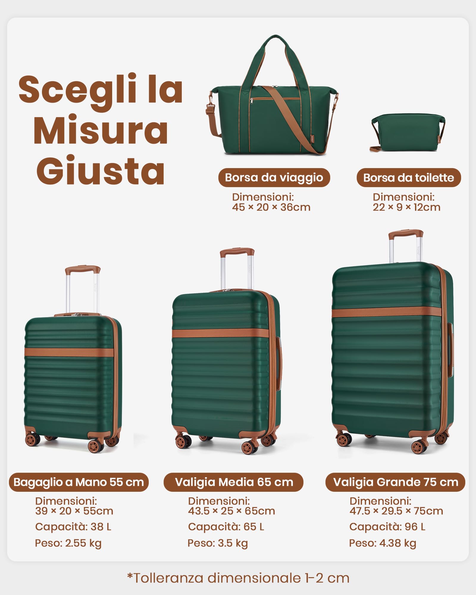 KONO Set da Viaggio 3 Pezzi, Trolley 55 cm e 2 Borse, Verde/Marrone | Valigia Bagaglio a Mano in ABS+PC, Borsa da Viaggio da 32 L, Borsa Organizer, Ruote a 360° e TSA