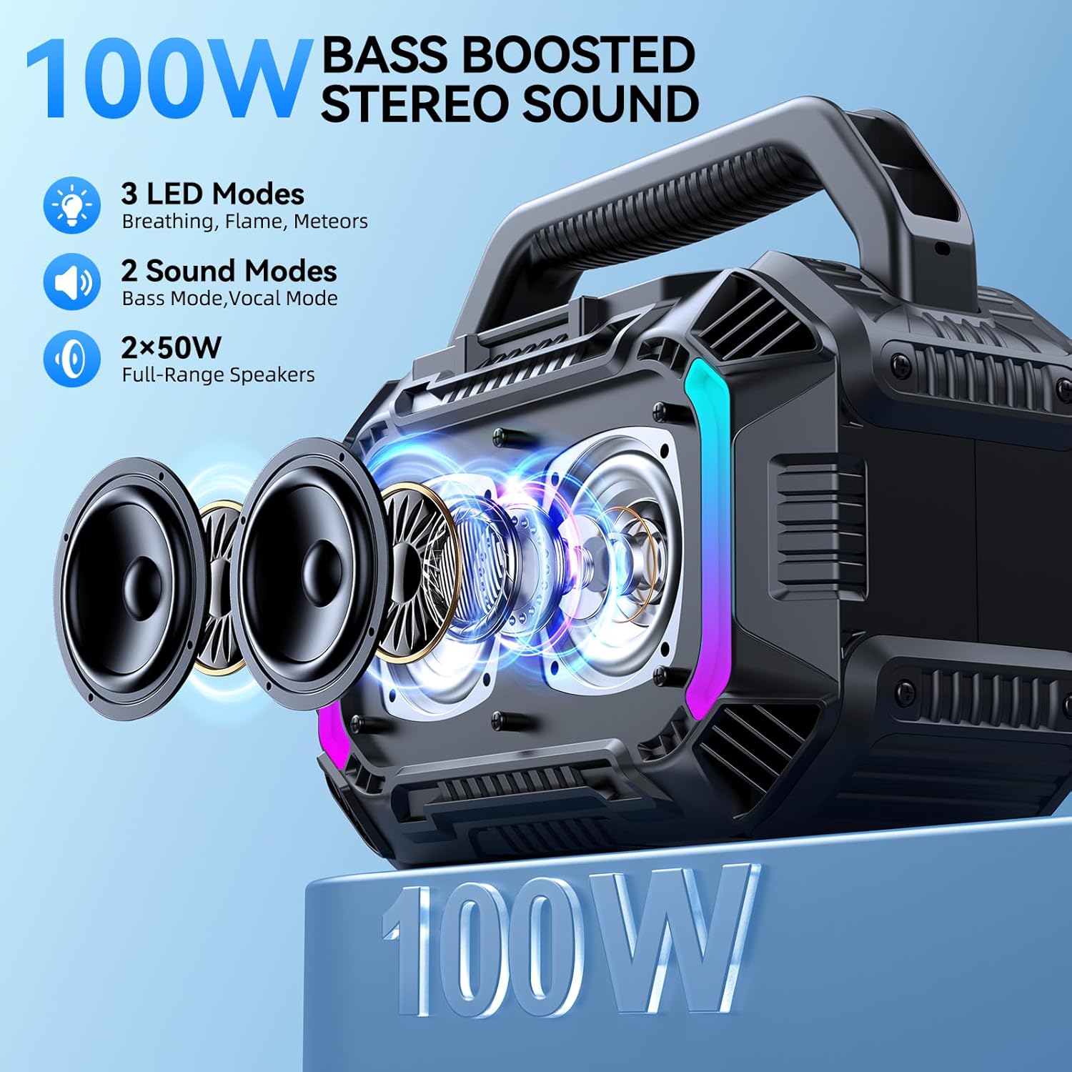 Wilody Speakers Bluetooth Wireless, 100W Loud Outdoor Speaker with Bass, IPX7 Waterproof Floatable, 20H Playtime, Wireless Charge, TWS, RGB Light, Portable Speaker for Work, Garage, Outdoor (Black) - Image 2