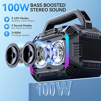 Wilody Speakers Bluetooth Wireless, 100W Loud Outdoor Speaker with Bass, IPX7 Waterproof Floatable, 20H Playtime, Wireless Charge, TWS, RGB Light, Portable Speaker for Work, Garage, Outdoor (Black)