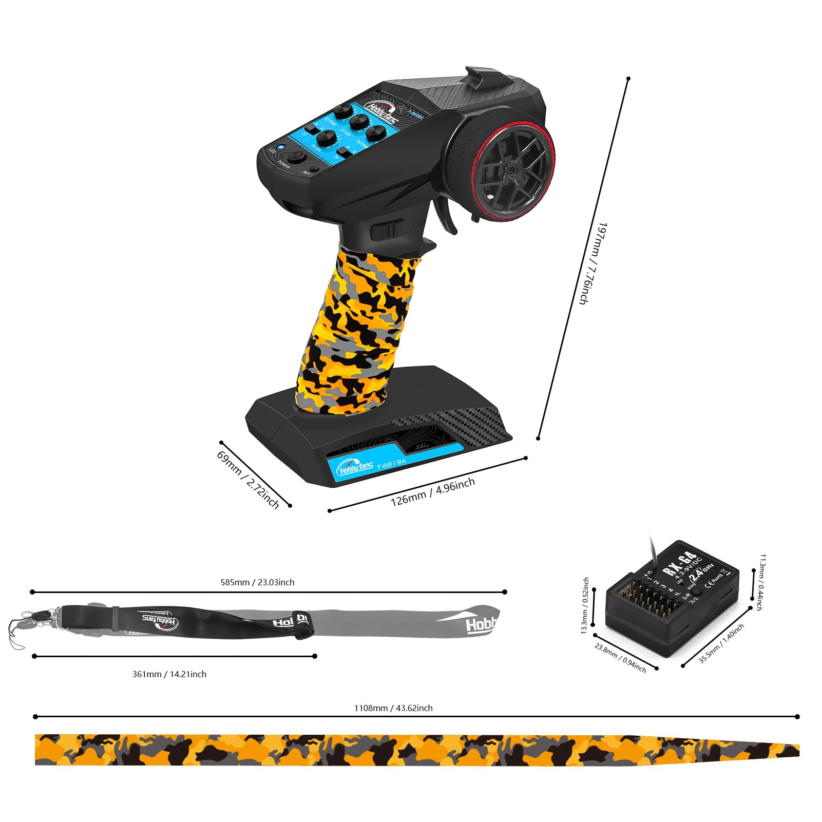 Sistema de radio RC 4CH 2.4G Transmisor RC con receptor y cordón y banda antideslizante que absorbe el sudor, control remoto antiatascos para 1/10 1/12 1/14 1/16 1/18 1/24 RC Car Crawler
