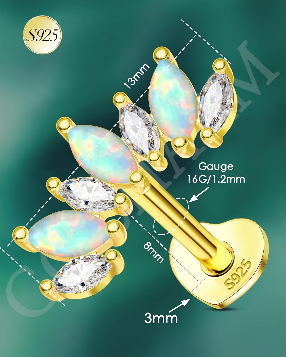 COCHARM 14K Gold Plated Cartilage Earrings Stud 925 Sterling Silver Opal Helix Earrings for Women Internally Thread Flat Back Earrings Heart - Image 3