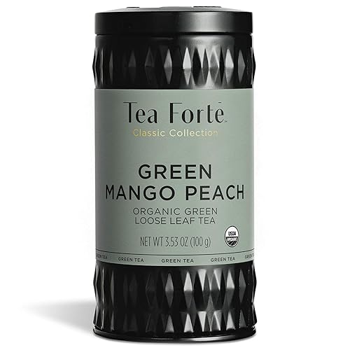 Tea Forte Green Mango Peach Premium Organic Loose Leaf Caffeinated Tea - Recipiente de mezcla de té verde con cafeína, hace 35-50 tazas