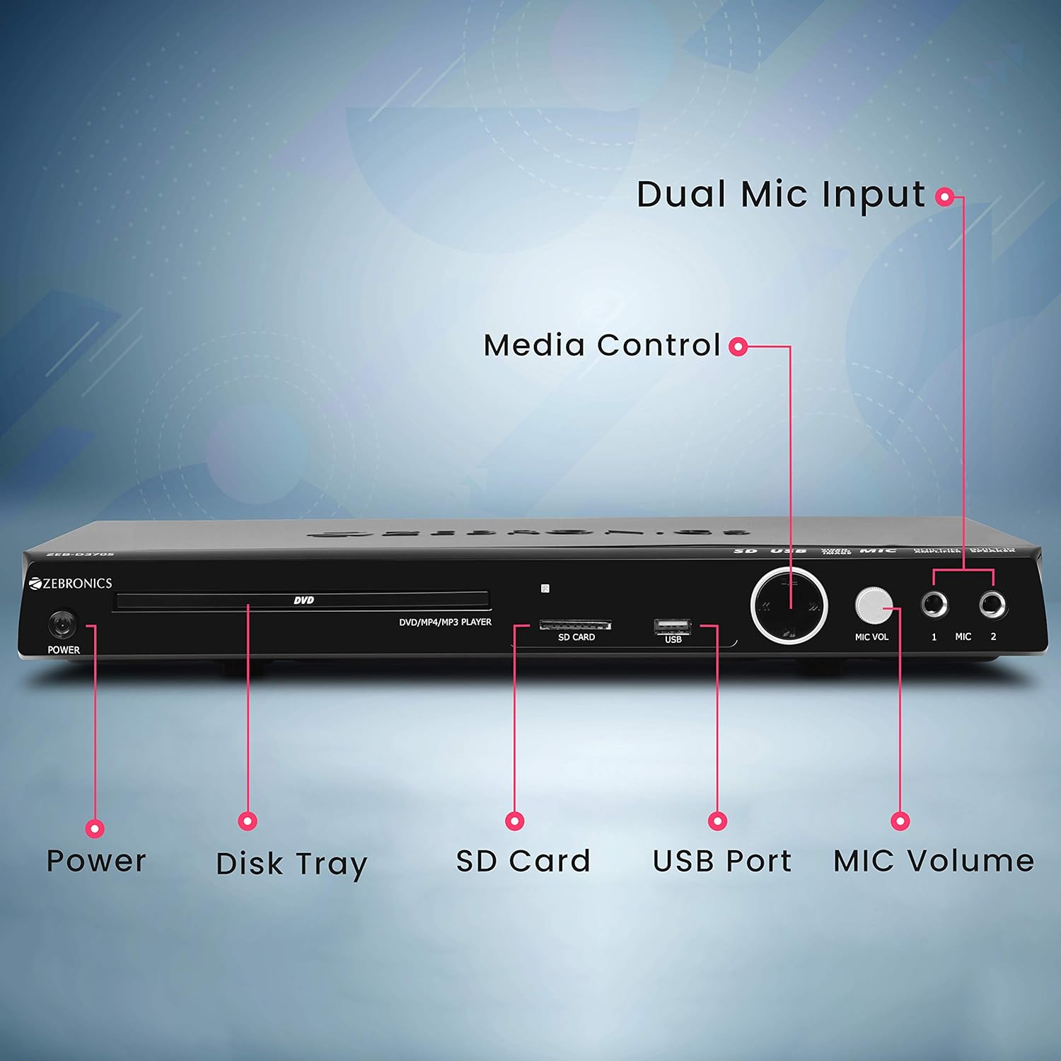 Front panel of the Zebronics Zeb-D370S DVD Player