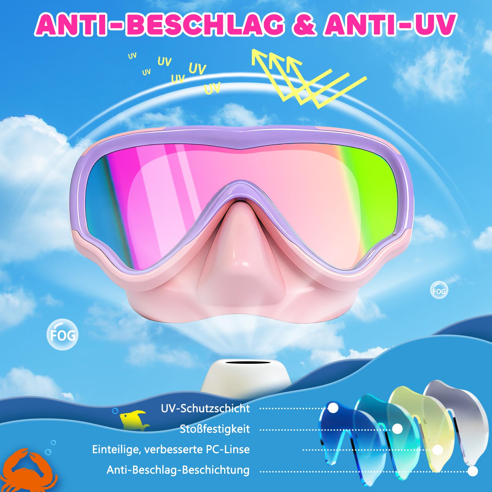 Taucherbrille Kinder mit Weichem Stoffband, MOMUSE Kinder Schwimmbrille mit 3D Nasenabdeckung, Tauchmaske Antibeschlag, Bruchsichere Linse & UV-Schutz, Schnorchelmaske für Jungen Mädchen 3-14 Jahr