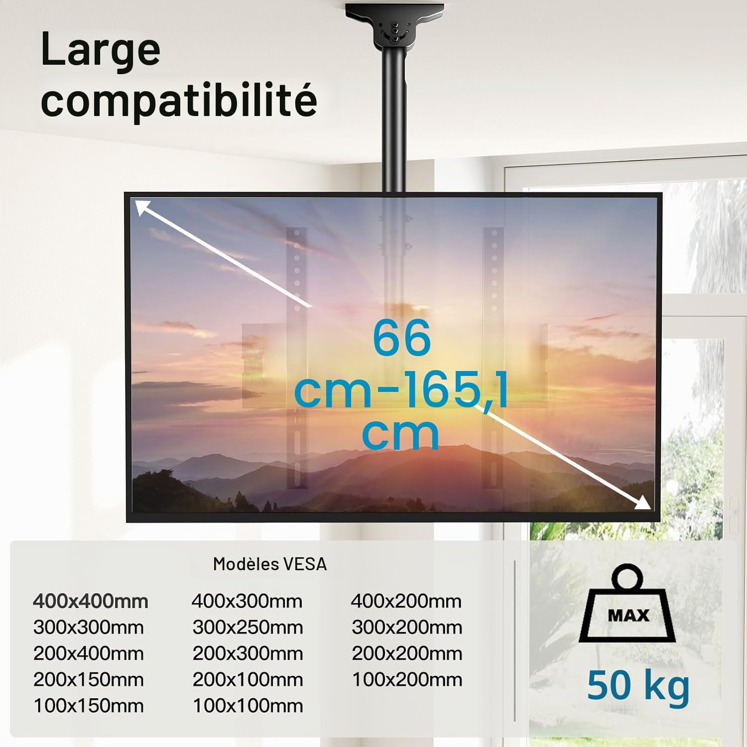 Support TV Plafond - Support de Téléviseur Inclinable et Pivotant Ajustable pour l’Écran de 26 à 65 Pouces - Support de Toiture Full-Motion Supporte 50 kg avec VESA 400 x 400mm